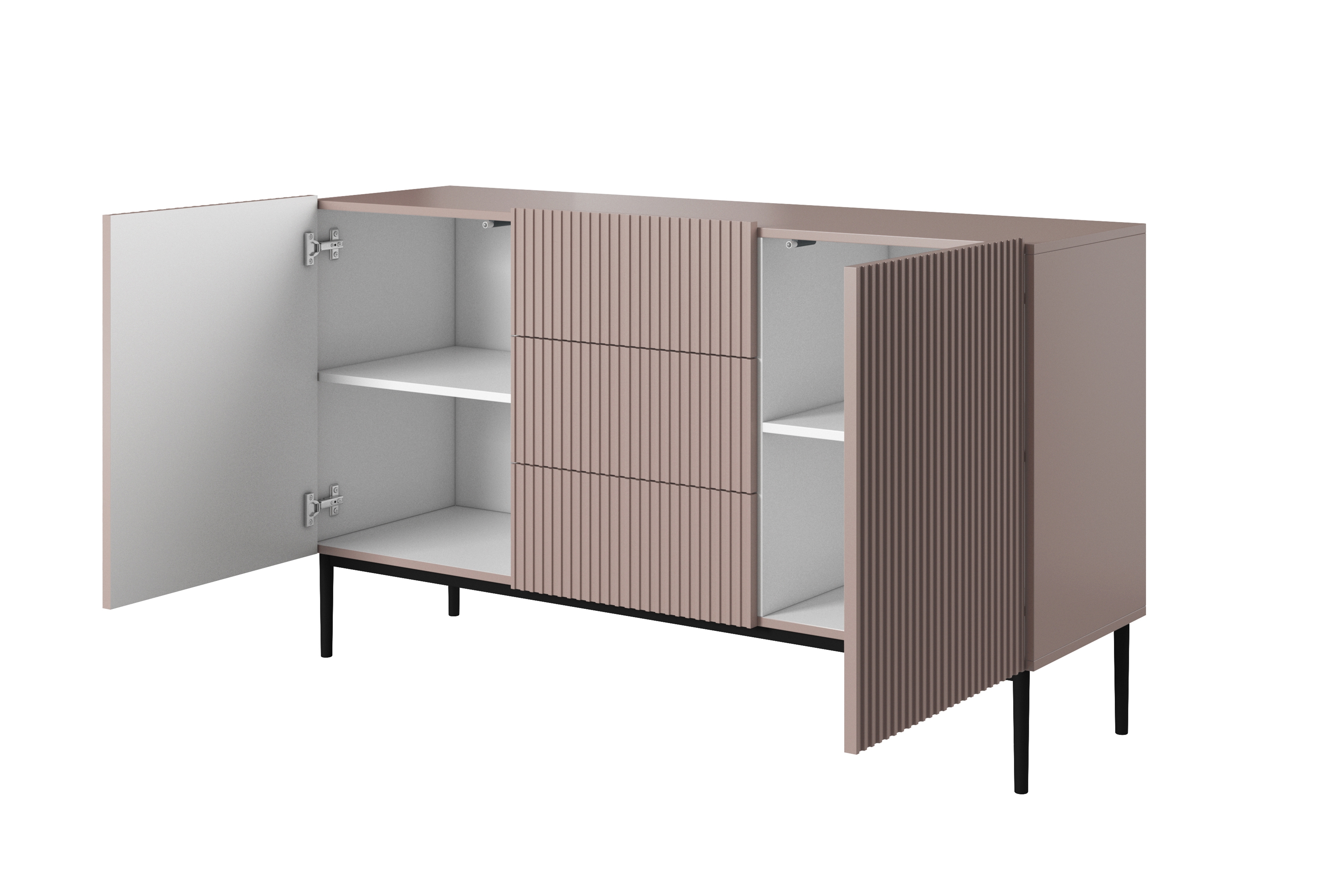 Komoda Nicole 150 cm se zásuvkami a policemi - antická růžová / černé nožky Komoda Nicole 150 cm se zásuvkami i metalowymi nogami - antický Růžová / černá nozki