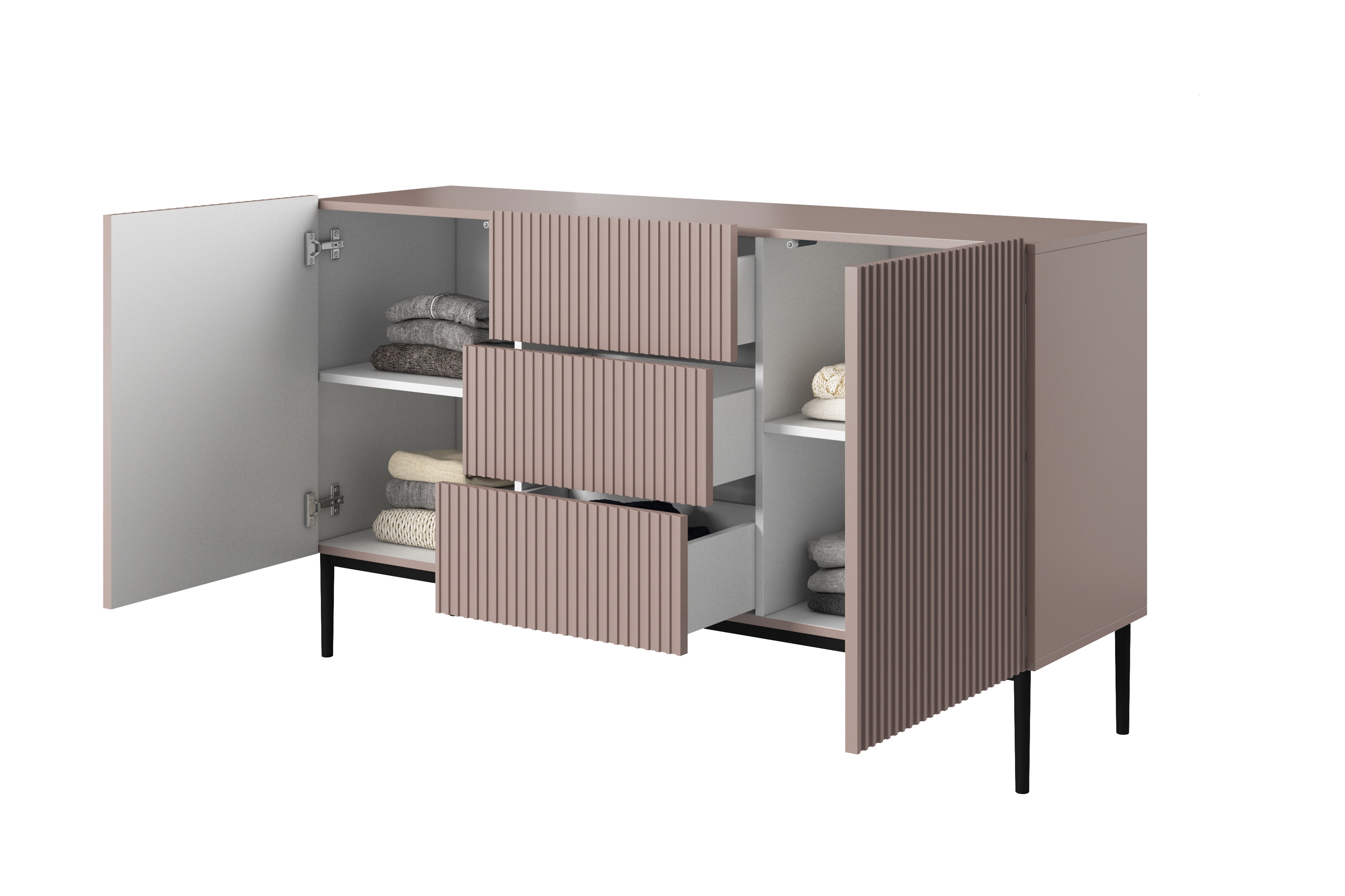 Komoda Nicole 150 cm se zásuvkami a policemi - antická růžová / černé nožky Komoda Nicole 150 cm se zásuvkami i metalowymi nogami - antický Růžová / černá nozki