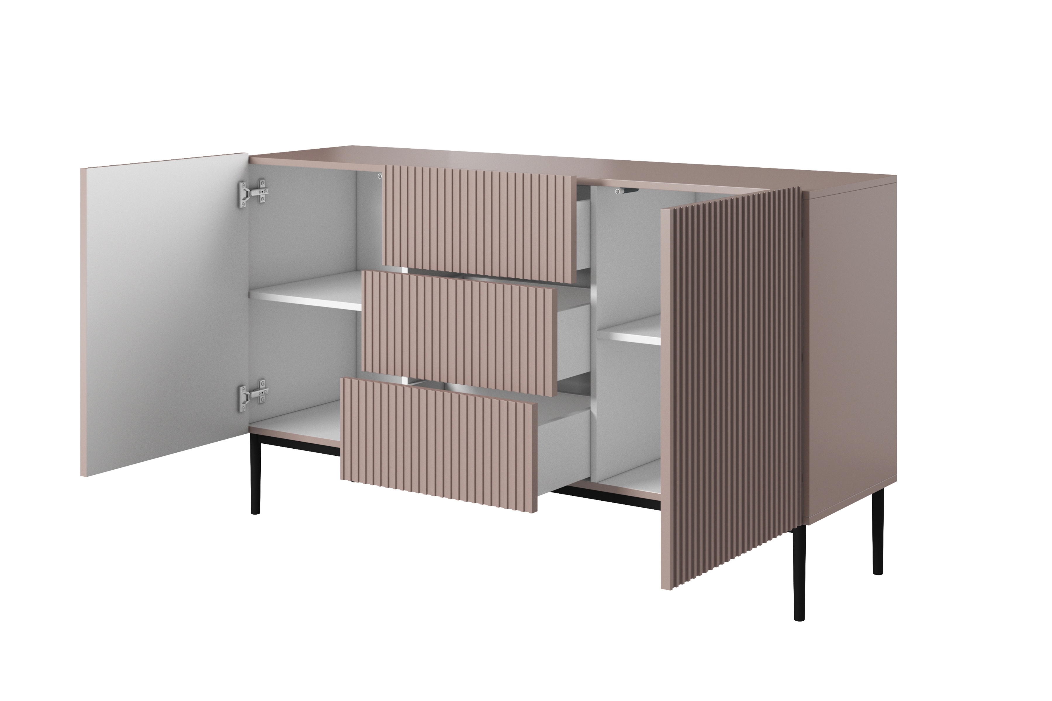 Komoda Nicole 150 cm se zásuvkami a policemi - antická růžová / černé nožky Komoda Nicole 150 cm se zásuvkami i metalowymi nogami - antický Růžová / černá nozki