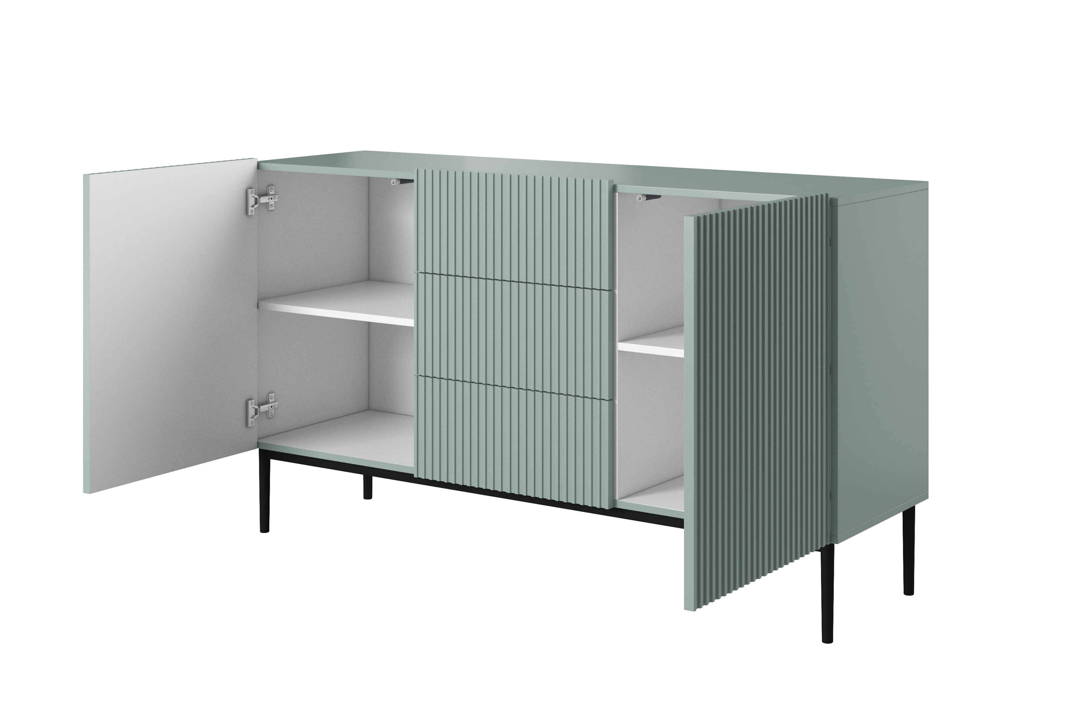 Komoda Nicole 150 cm so zásuvkami a policami - šalvia / čierne nožičky - Limitovaná ponuka Komoda Nicole 150 cm so zásuvkami i metalowymi nogami - szalwia / čierny nozki