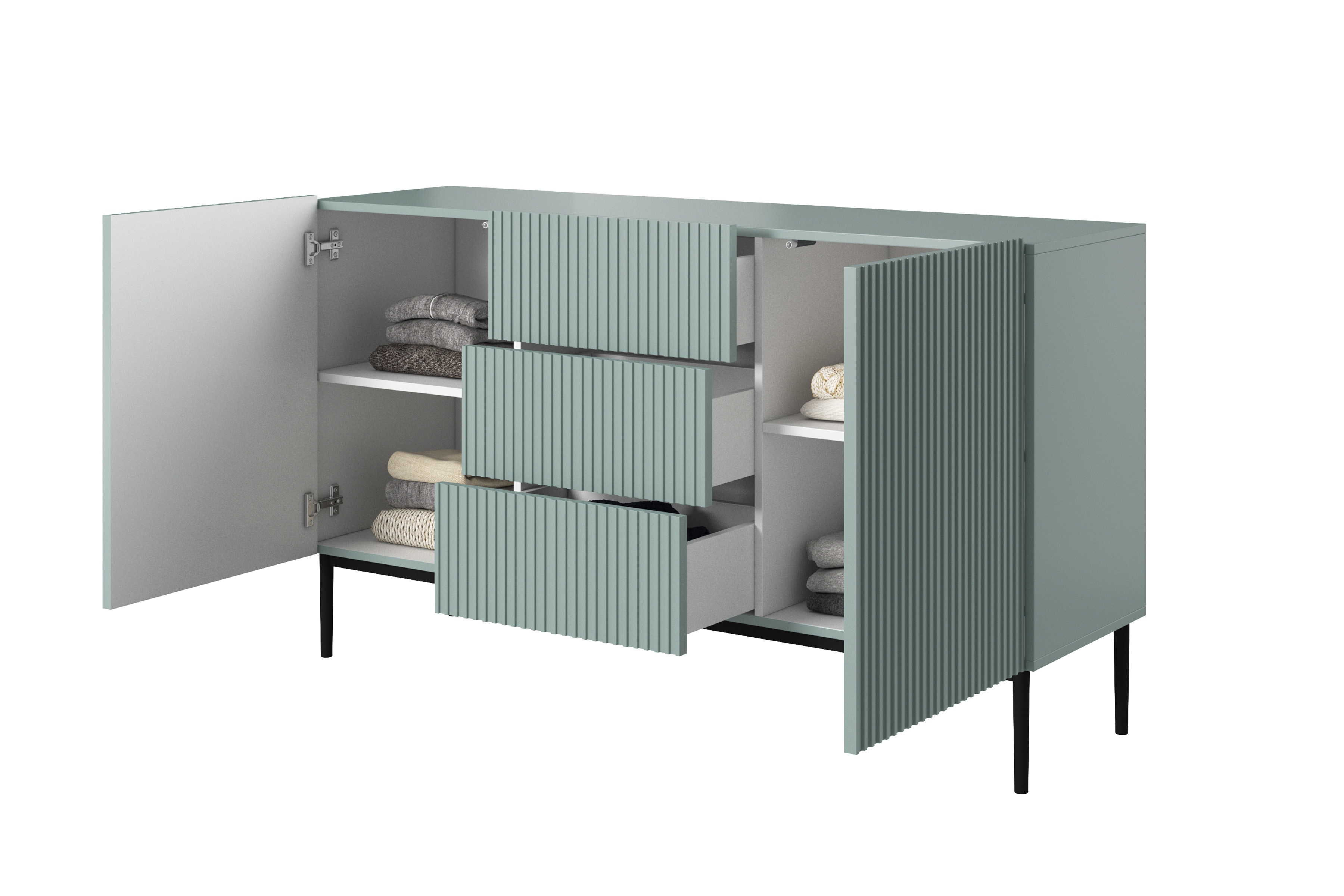 Komoda Nicole 150 cm so zásuvkami a policami - šalvia / čierne nožičky - Limitovaná ponuka Komoda Nicole 150 cm so zásuvkami i metalowymi nogami - szalwia / čierny nozki