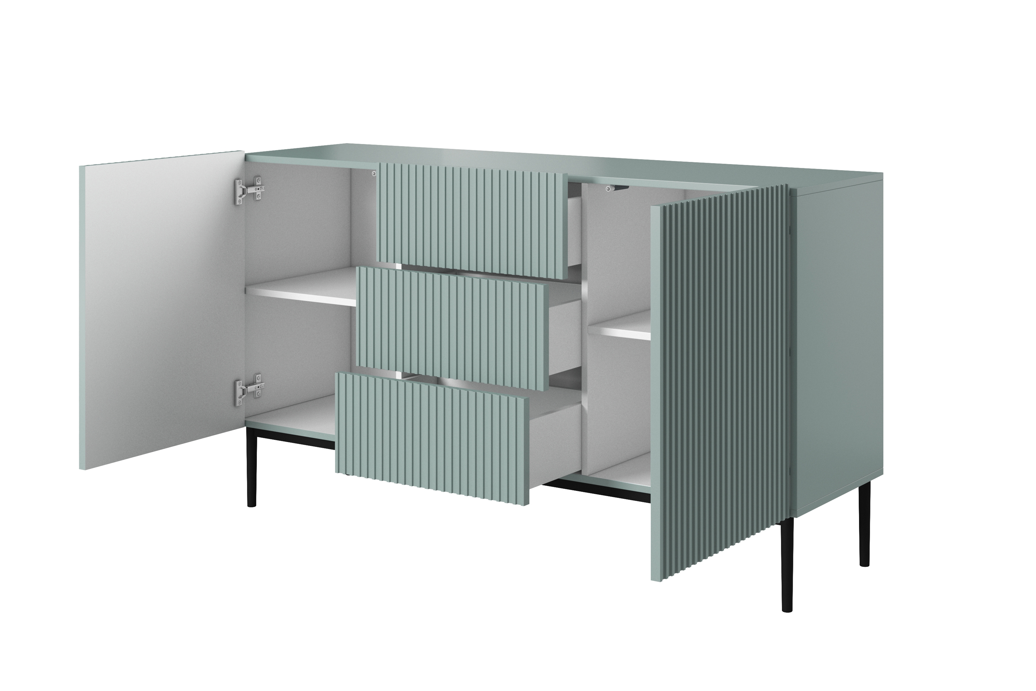 Komoda Nicole 150 cm so zásuvkami a policami - šalvia / čierne nožičky - Limitovaná ponuka Komoda Nicole 150 cm so zásuvkami i metalowymi nogami - szalwia / čierny nozki