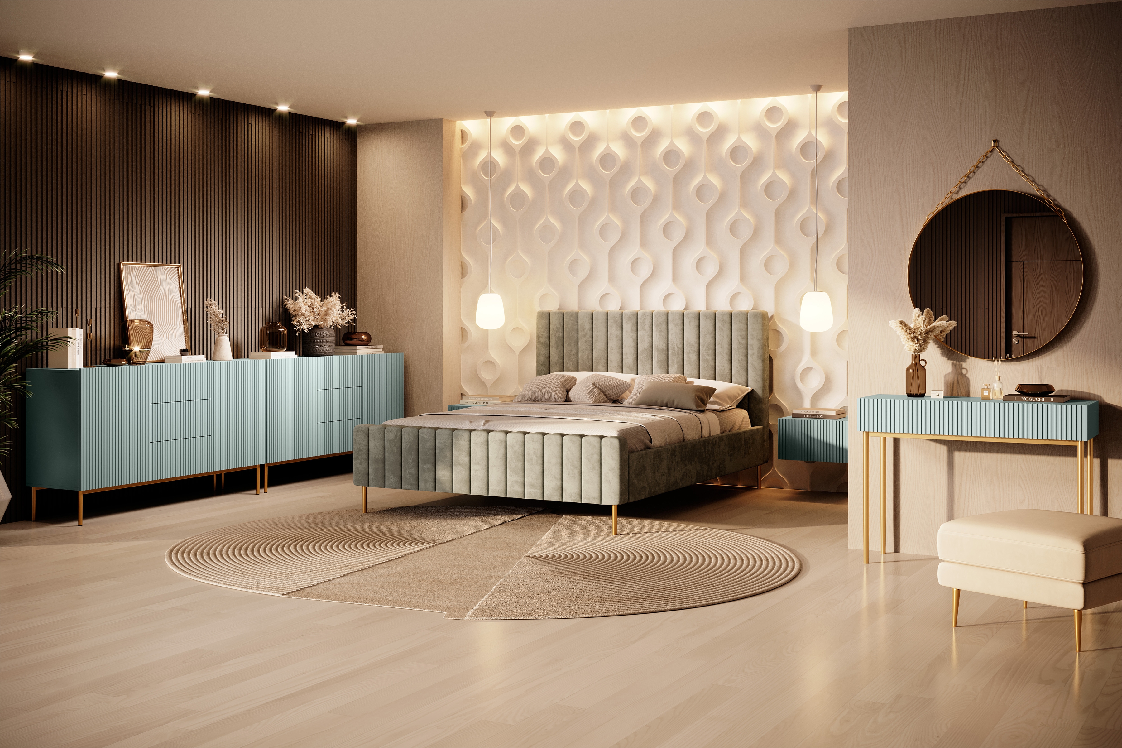 Komoda Nicole 150 cm so zásuvkami a policami - šalvia / zlaté nožičky - Limitovaná ponuka Komoda Nicole 150 cm so zásuvkami i metalowymi nogami - szalwia / zlote nozki