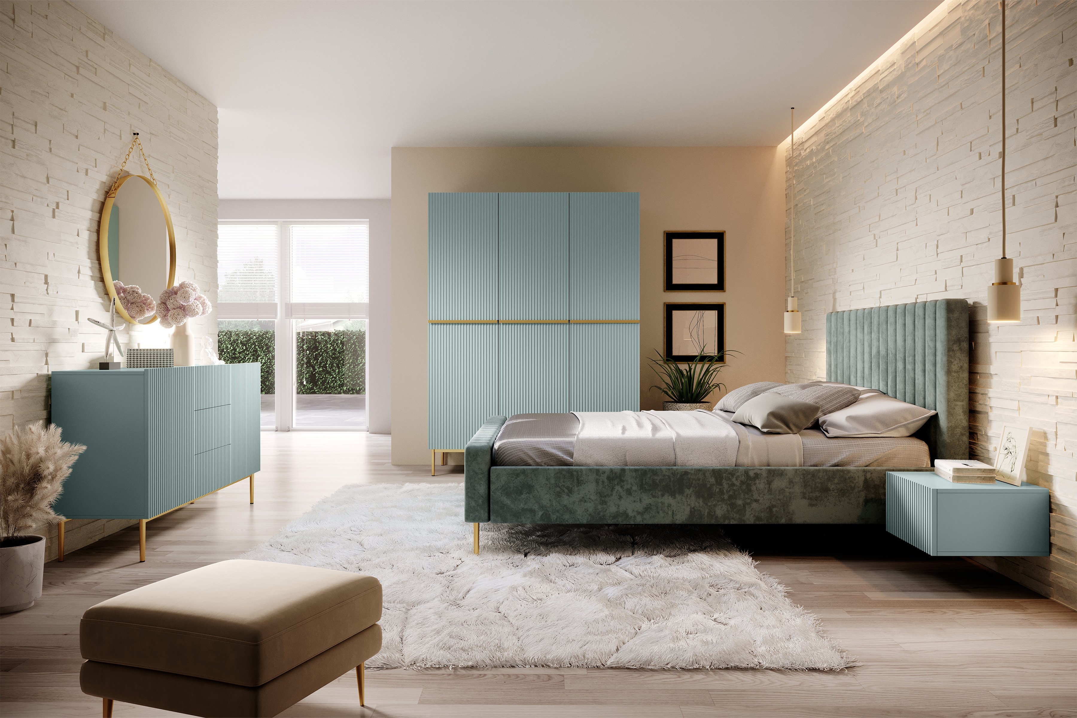 Komoda Nicole 150 cm so zásuvkami a policami - šalvia / zlaté nožičky - Limitovaná ponuka Komoda Nicole 150 cm so zásuvkami i metalowymi nogami - szalwia / zlote nozki