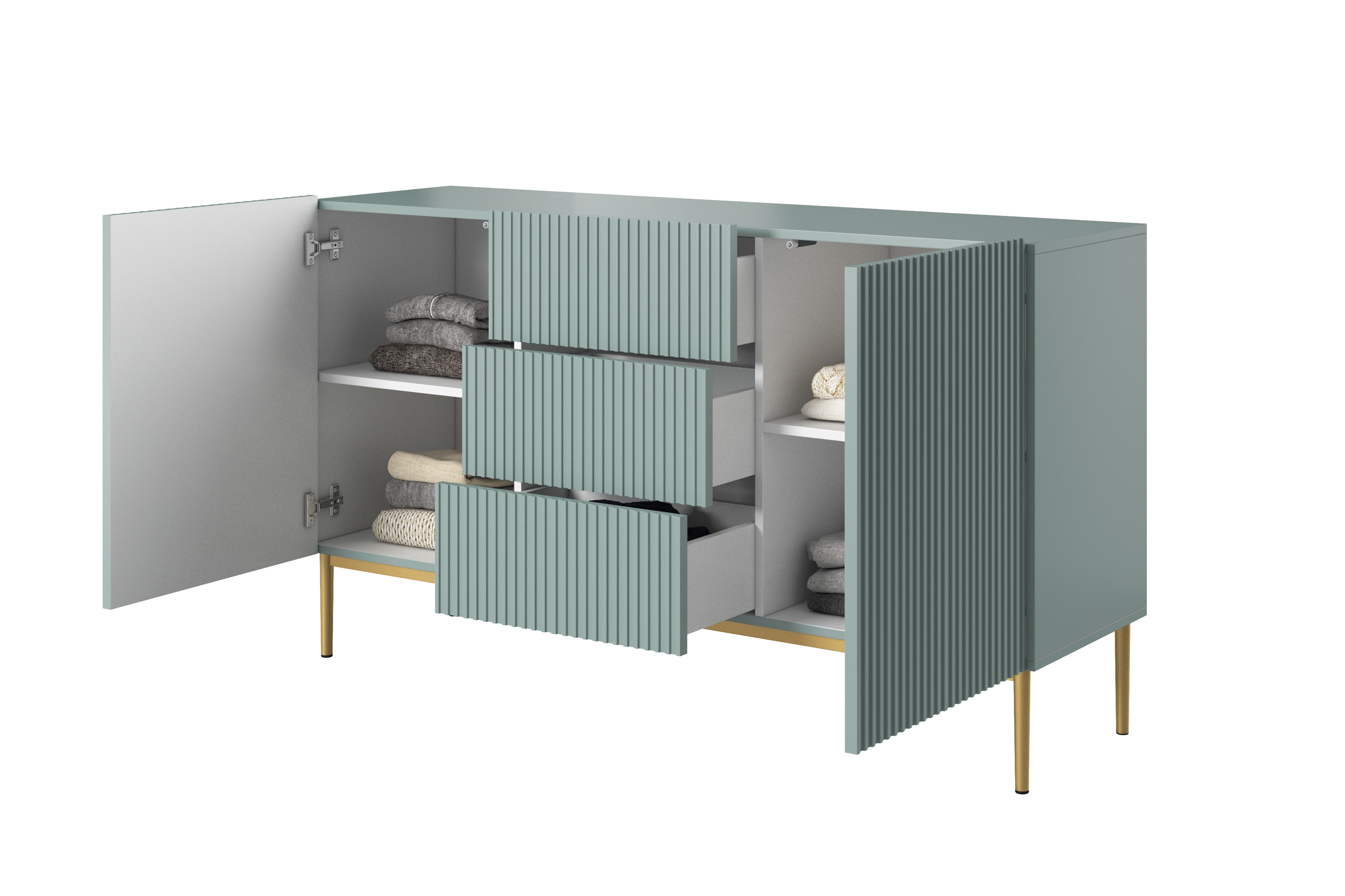 Komoda Nicole 150 cm so zásuvkami a policami - šalvia / zlaté nožičky - Limitovaná ponuka Komoda Nicole 150 cm so zásuvkami i metalowymi nogami - szalwia / zlote nozki