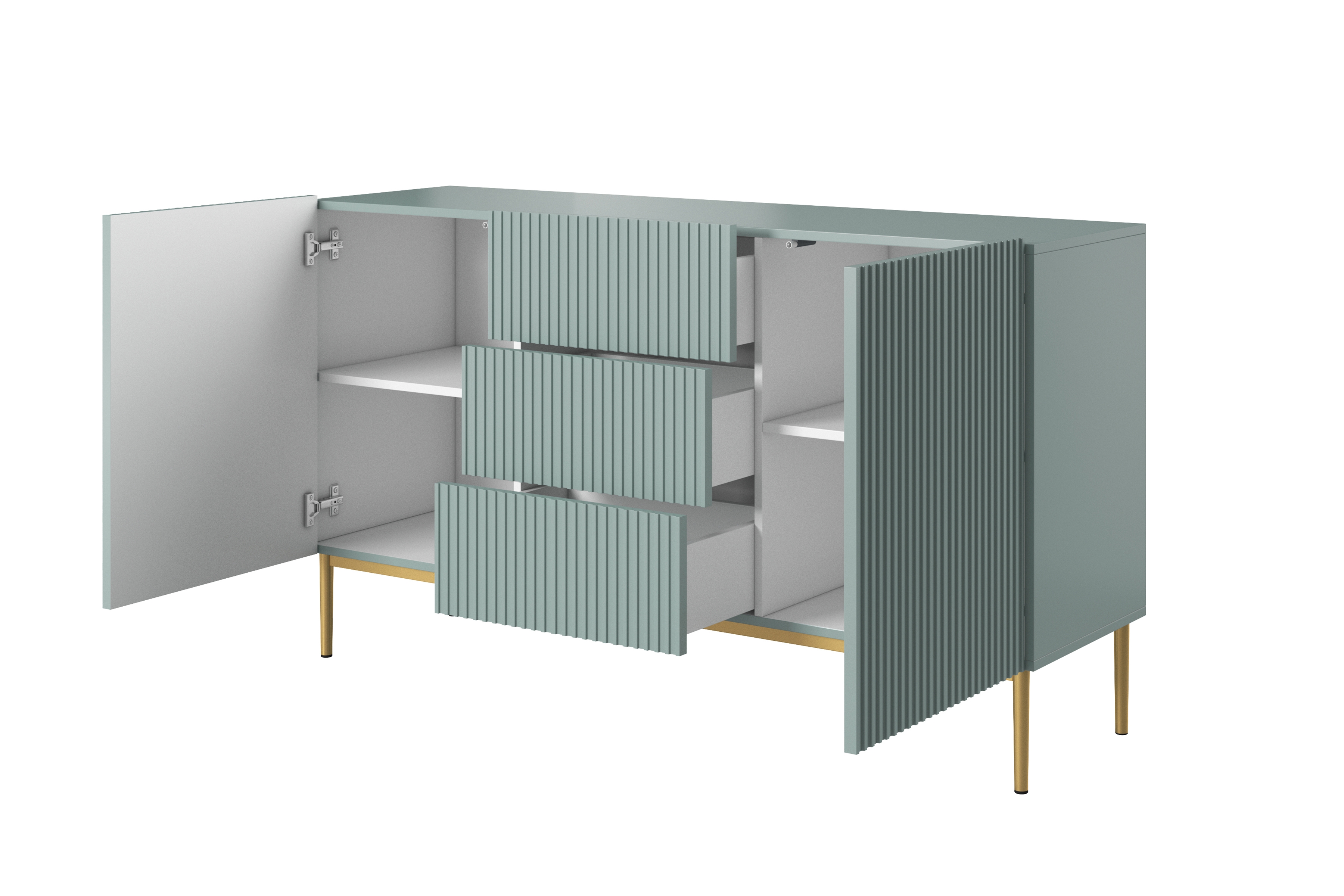 Komoda Nicole 150 cm so zásuvkami a policami - šalvia / zlaté nožičky - Limitovaná ponuka Komoda Nicole 150 cm so zásuvkami i metalowymi nogami - szalwia / zlote nozki