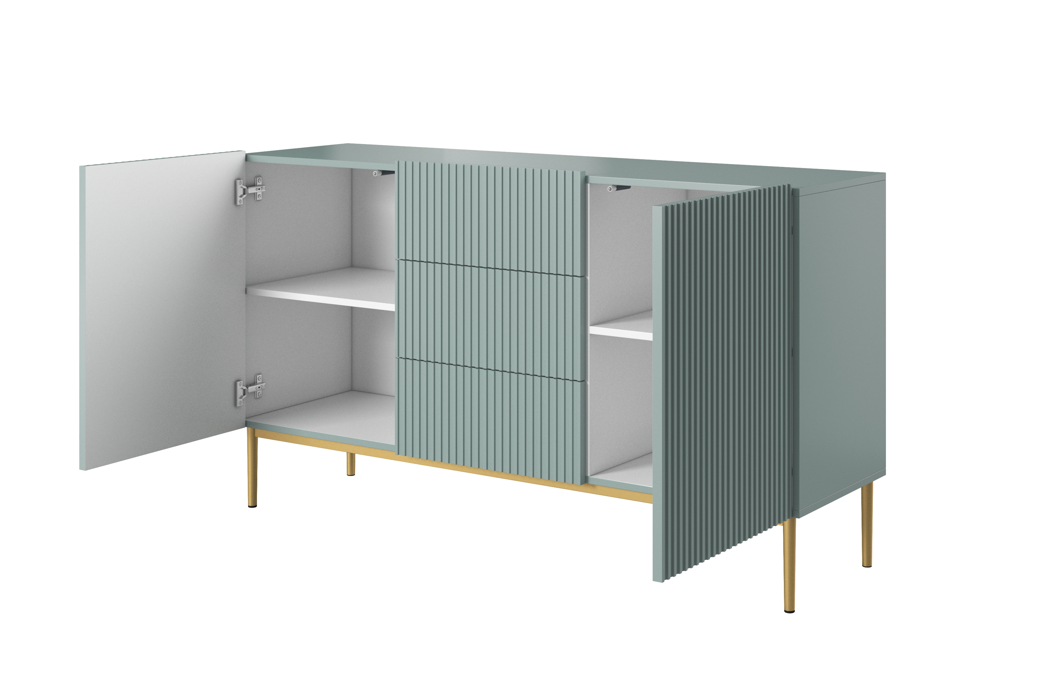 Komoda Nicole 150 cm so zásuvkami a policami - šalvia / zlaté nožičky - Limitovaná ponuka Komoda Nicole 150 cm so zásuvkami i metalowymi nogami - szalwia / zlote nozki