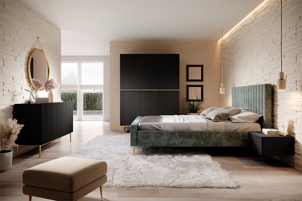 Komoda Nicole 150 cm s 3 zásuvky a 2 dvířka - černý mat / zlaté nožky Komoda do ložnice