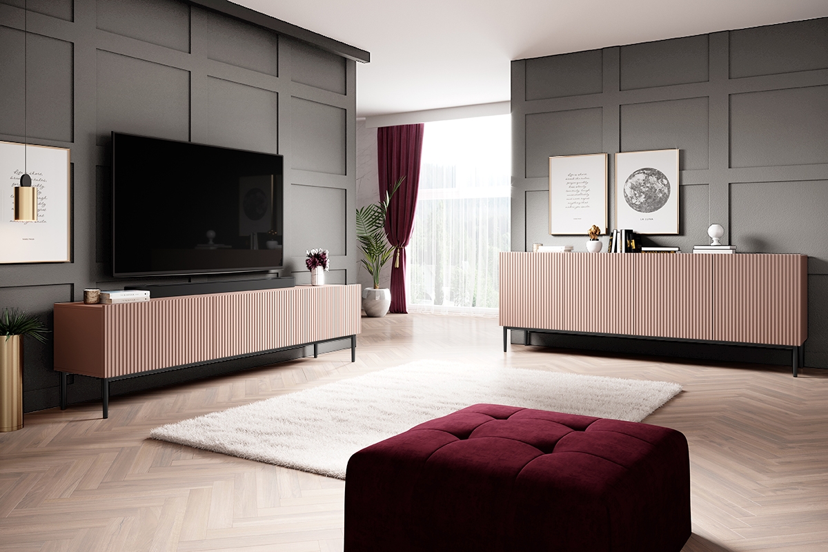 Komoda Nicole 200 cm s kovovými nožičkami - antická ružová / čierne nožičky - Koncovka Série Komoda Nicole 200 cm - staroružová / čierne nožičky - vizualizácia