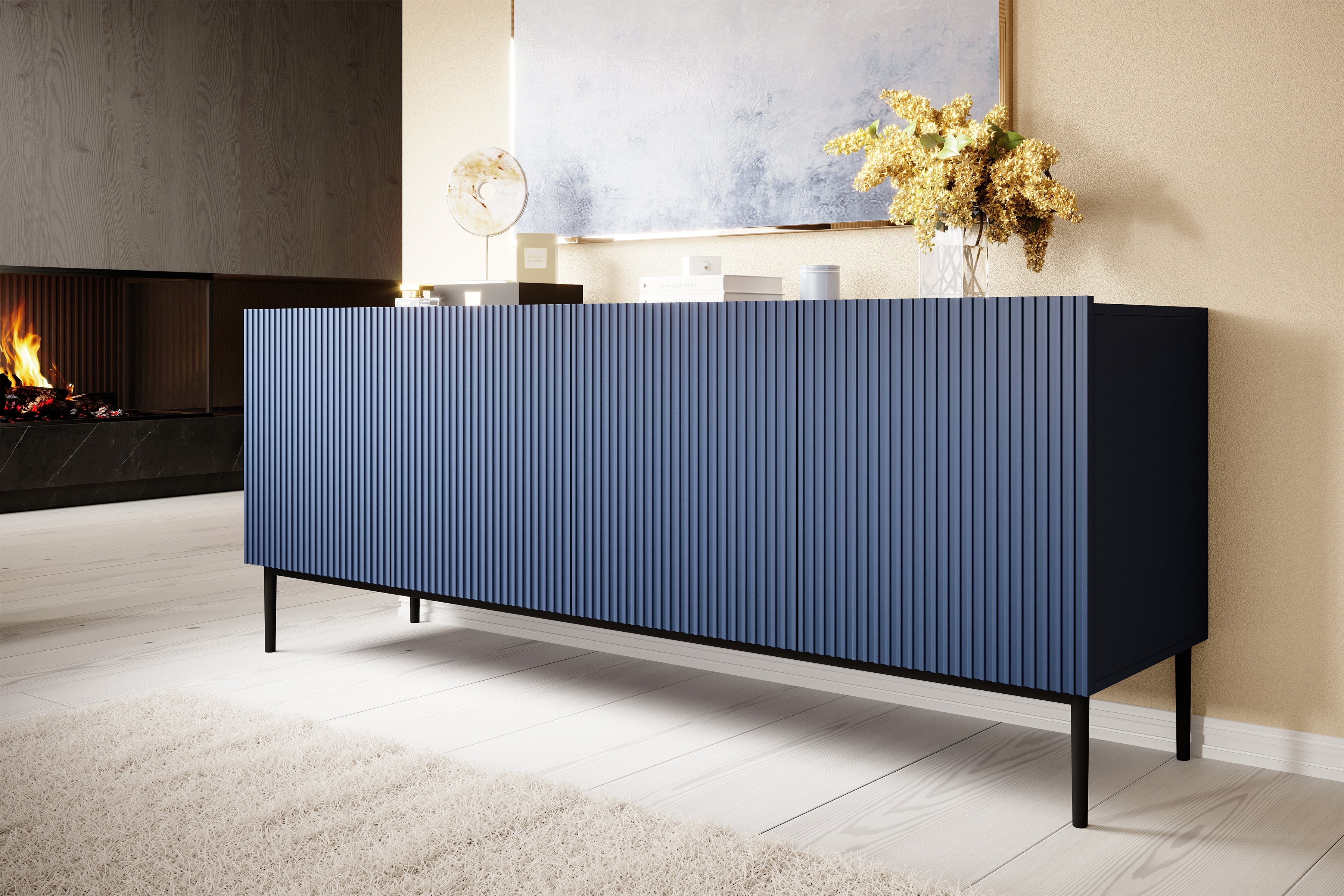 Komoda Nicole 200 cm s frézovaným čelom a kovovými nožičkami - granátová / čierne nožičky - Koncovka Série Komoda Nicole 200 cm s frézovaným frontom i metalowymi nogami - granat / čierny nozki