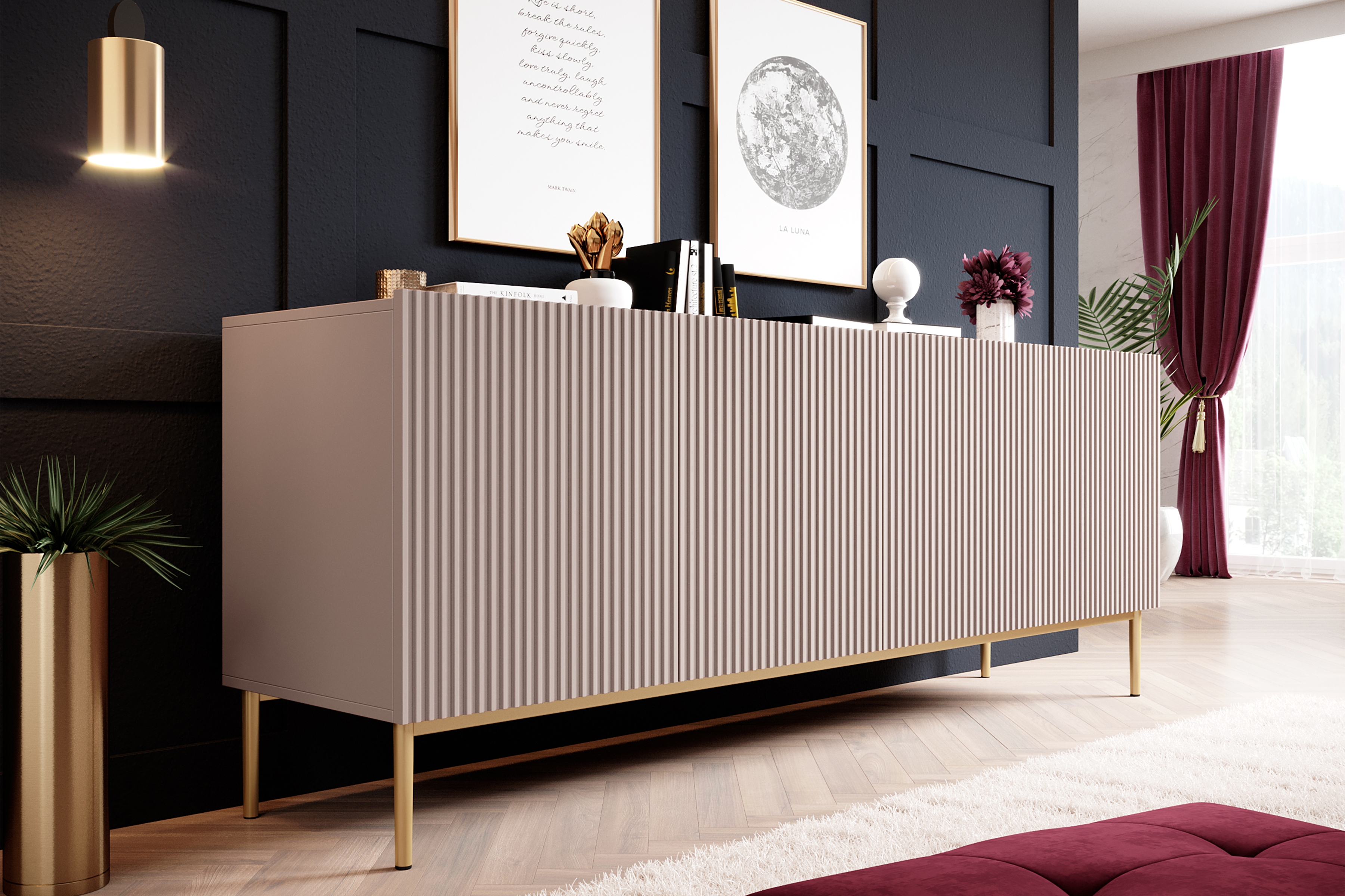 Komoda Nicole 200 cm na kovových nožičkách - antická ružová / zlaté nožičky - Koncovka Série Komoda Nicole 200 cm na kovových nohách - antický Ružová / zlote nozki