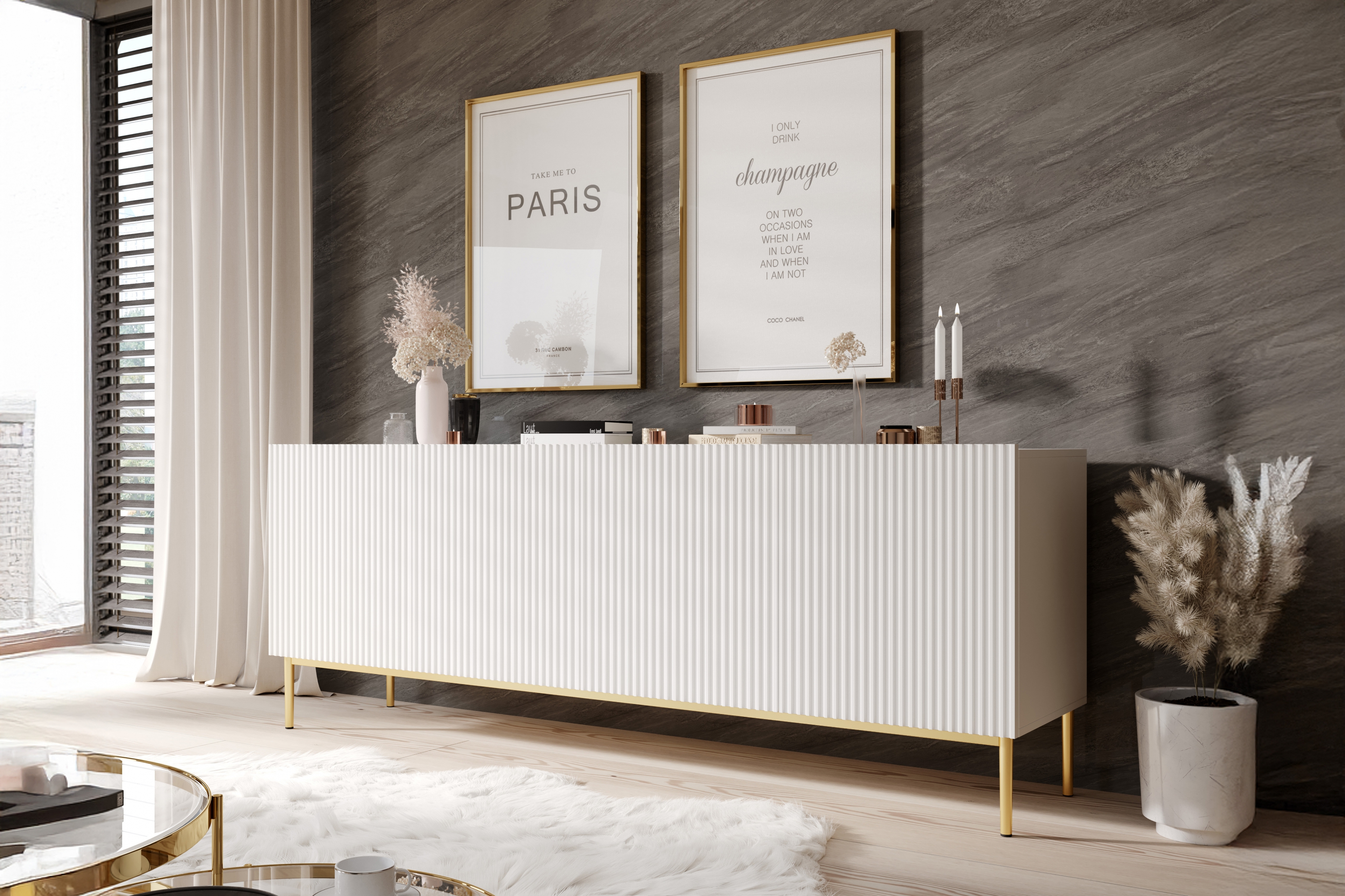 Komoda Nicole - 200 cm - bílý mat / zlaté nožky Komoda Nicole 200 cm na kovových nohách - bílý mat / zlote nozki