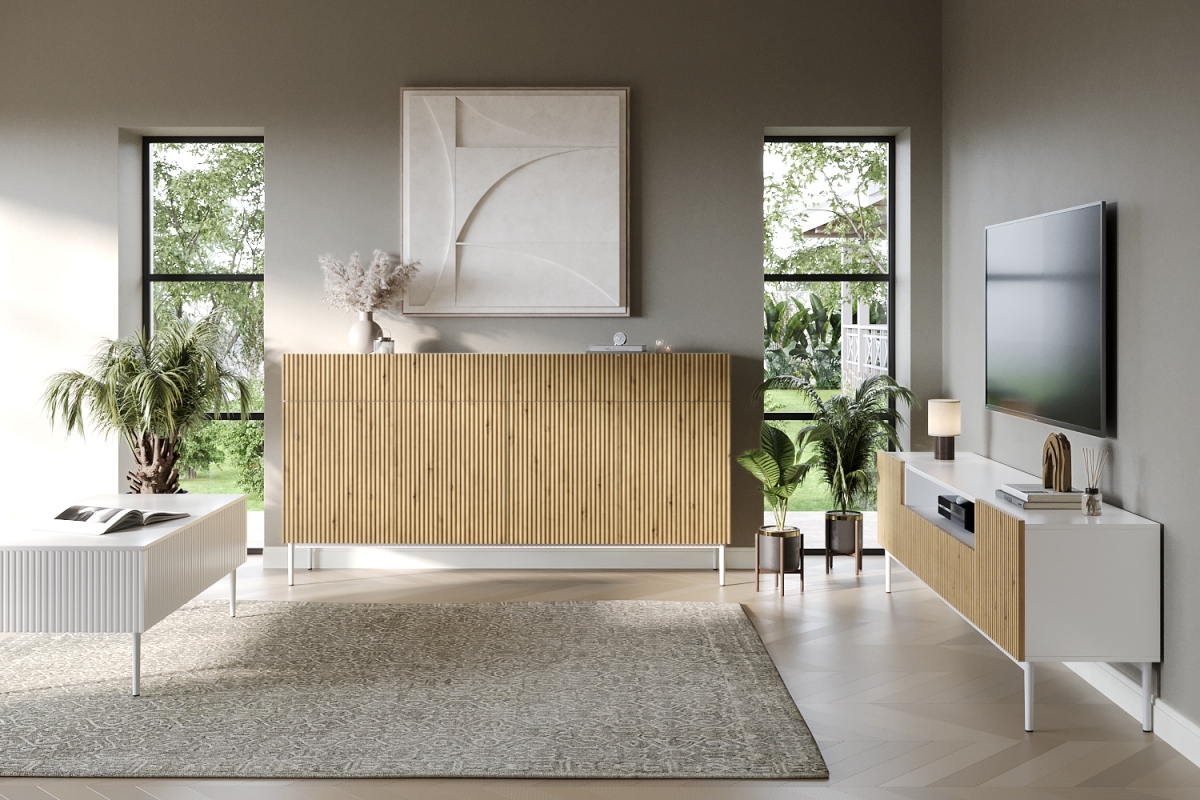 Komoda Nicole 200 cm so štyrmi zásuvkami - biela / dub artisan / biele nožičky - Koncovka série Komoda Nicole 200 cm so štyrmi zásuvkami - biela / dub artisan / biele nožičky - vizualizácia 1