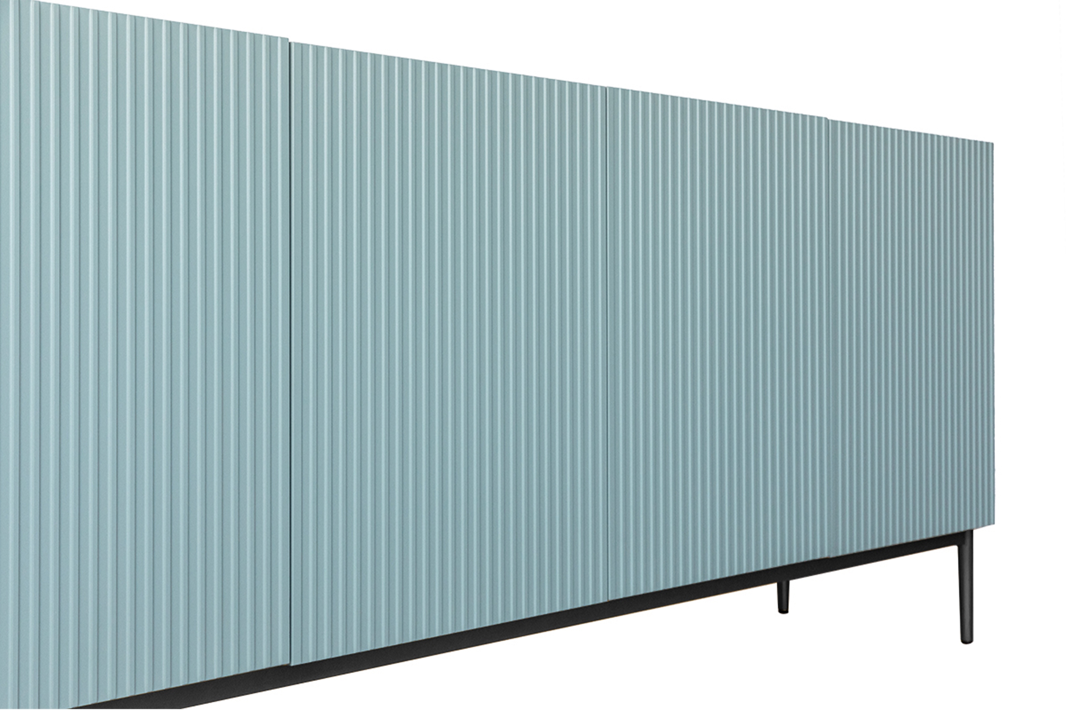 Komoda Nicole 200 cm s frézovaným čelom a kovovými nožičkami - šalvia / čierne nožičky - Koncovka Série Komoda Nicole 200 cm s frézovaným frontom i metalowymi nogami- szalwia / čierny nozki