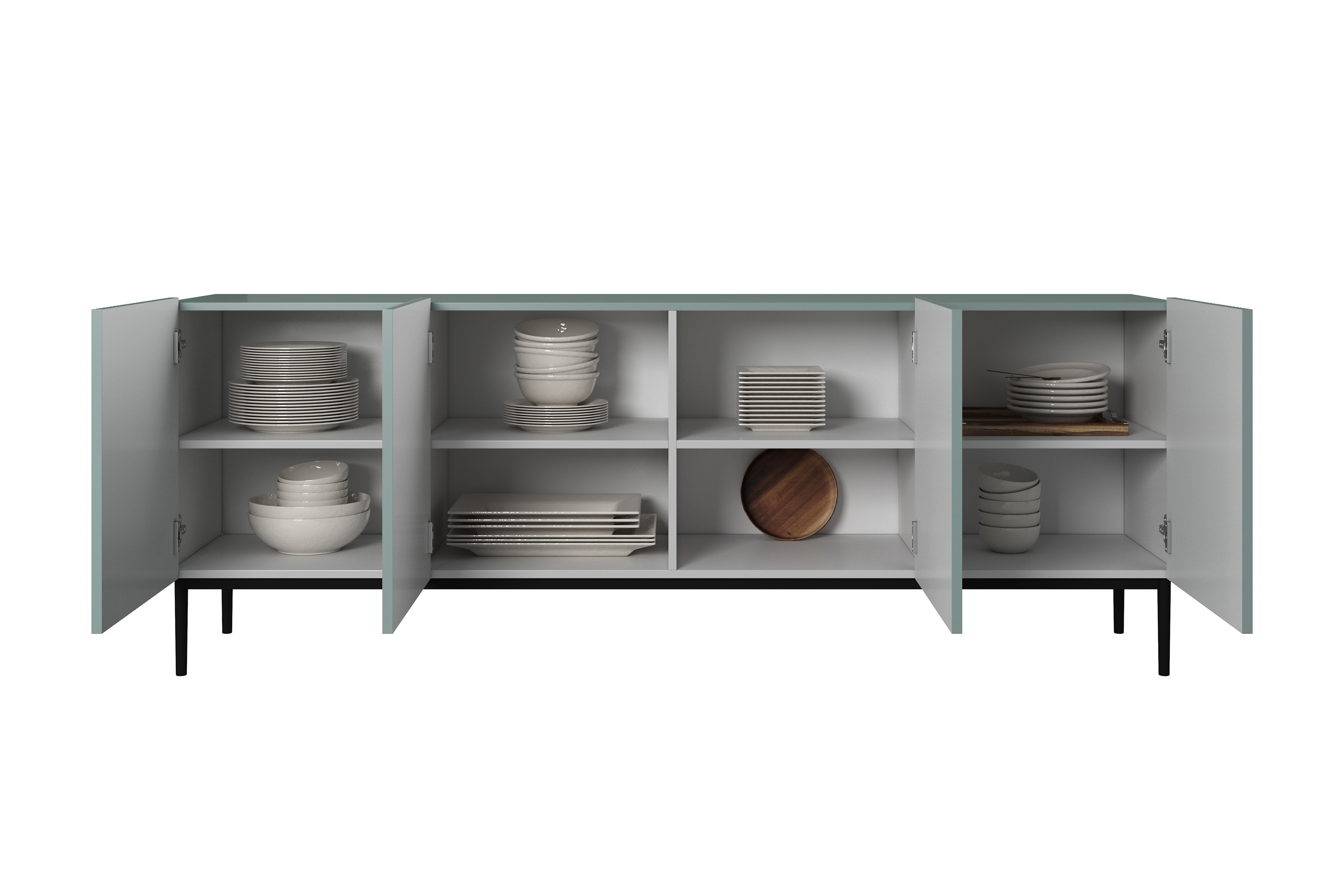 Komoda Nicole 200 cm s frézovaným čelom a kovovými nožičkami - šalvia / čierne nožičky - Koncovka Série Komoda Nicole 200 cm s frézovaným frontom i metalowymi nogami- szalwia / čierny nozki