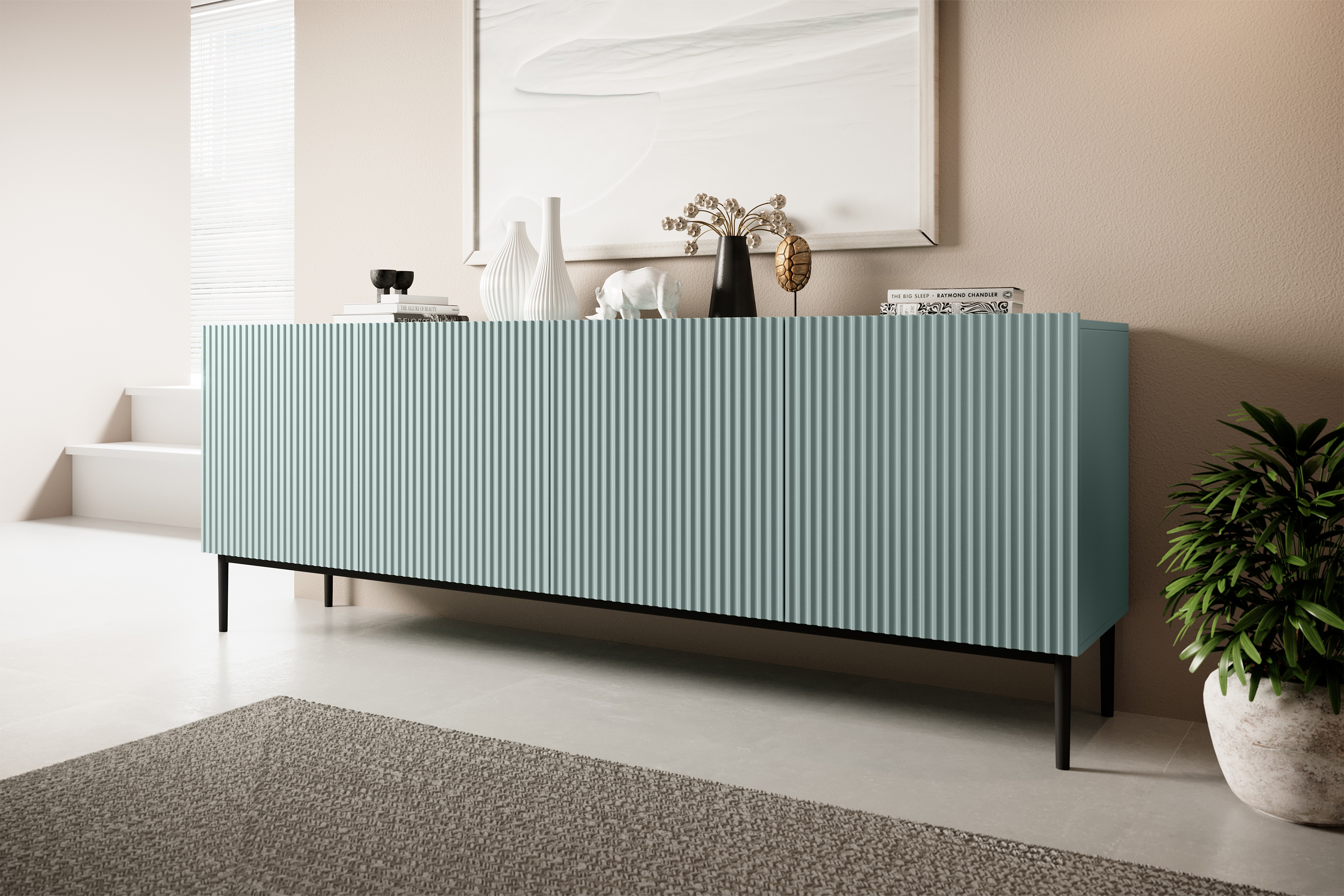 Komoda Nicole 200 cm s frézovaným čelom a kovovými nožičkami - šalvia / čierne nožičky - Koncovka Série Komoda Nicole 200 cm s frézovaným frontom i metalowymi nogami- szalwia / čierny nozki