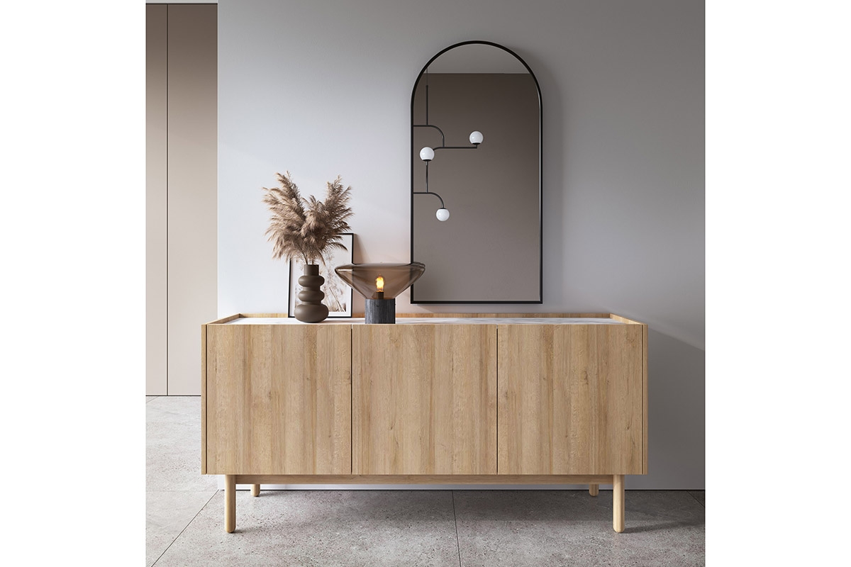 Nízká komoda Landia třídveřová - dub riviera / bílý mramor kolekce Landia