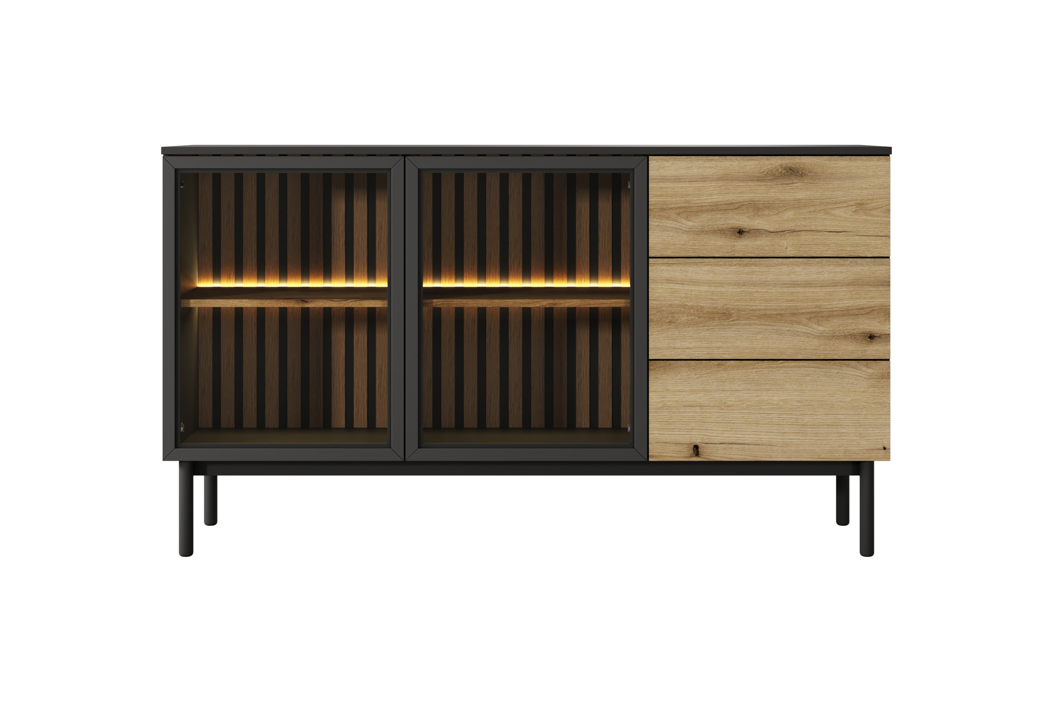 Komoda Noro 150 cm se zásuvkami a LED osvětlením - dub evoke / černá Komoda Noro 150 cm se zásuvkami i oswietleniem LED - dub evoke / černá