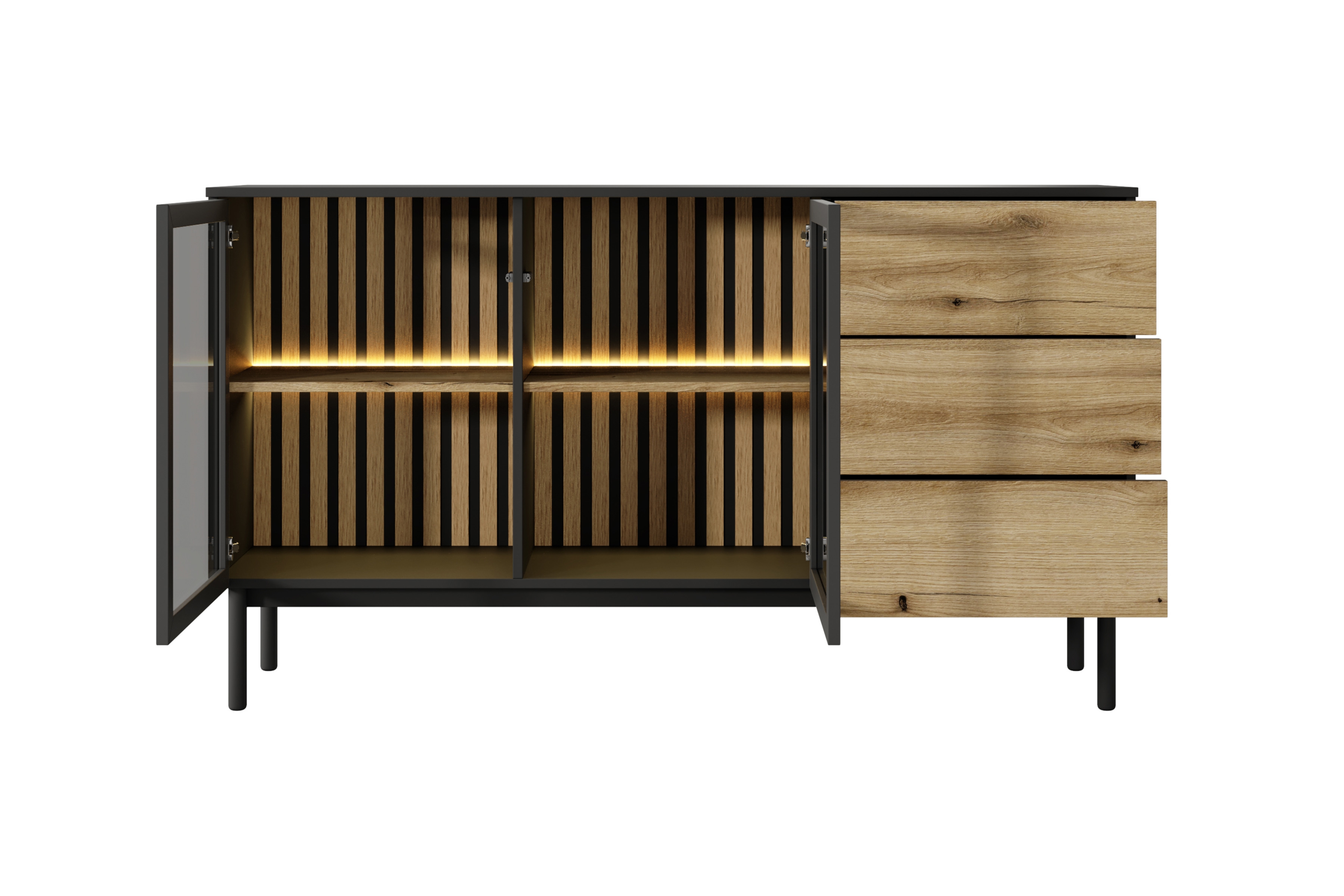 Komoda Noro 150 cm se zásuvkami a LED osvětlením - dub evoke / černá Komoda Noro 150 cm se zásuvkami i oswietleniem LED - dub evoke / černá