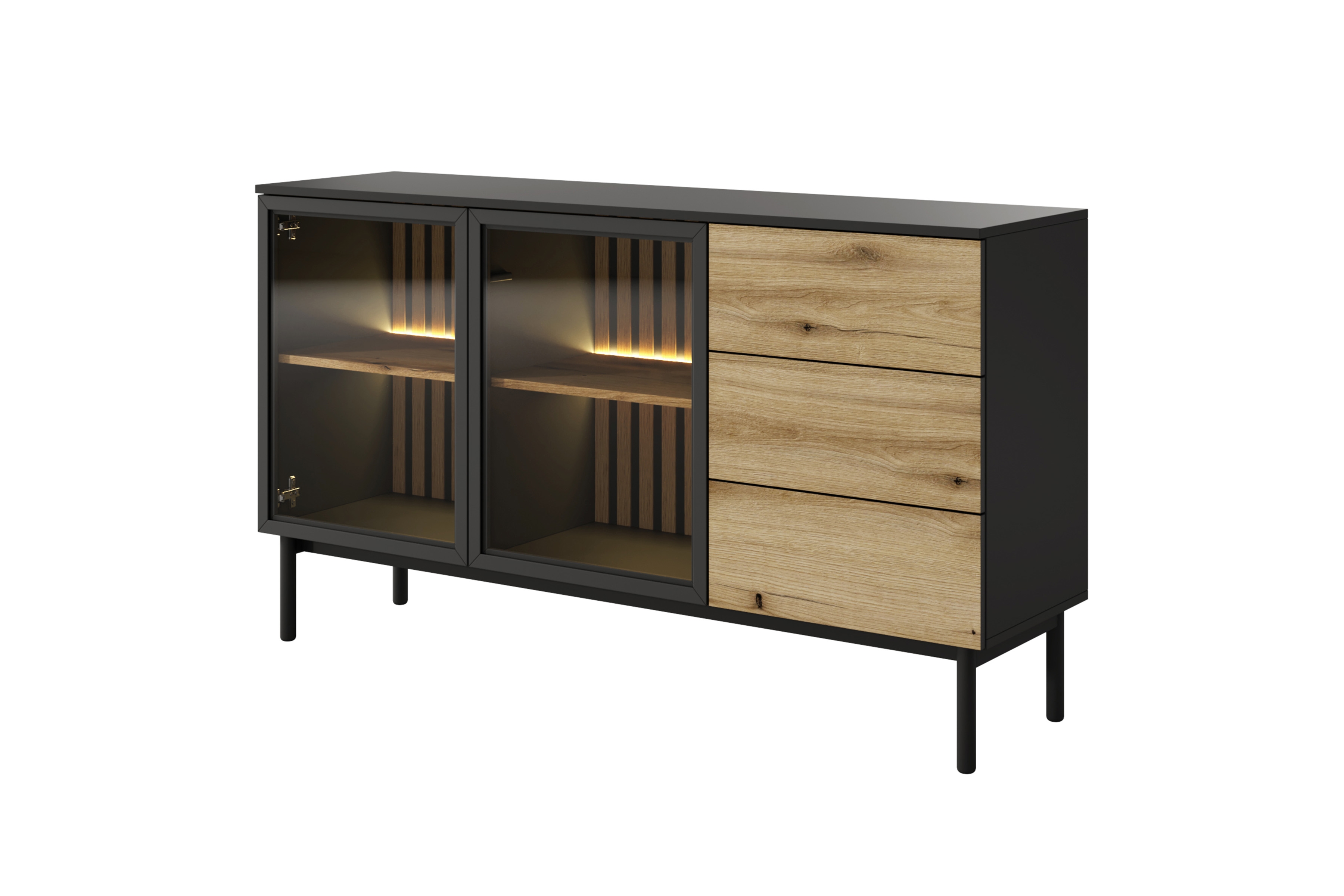 Komoda Noro 150 cm so zásuvkami i oswietleniem LED - Dub evoke / Čierny