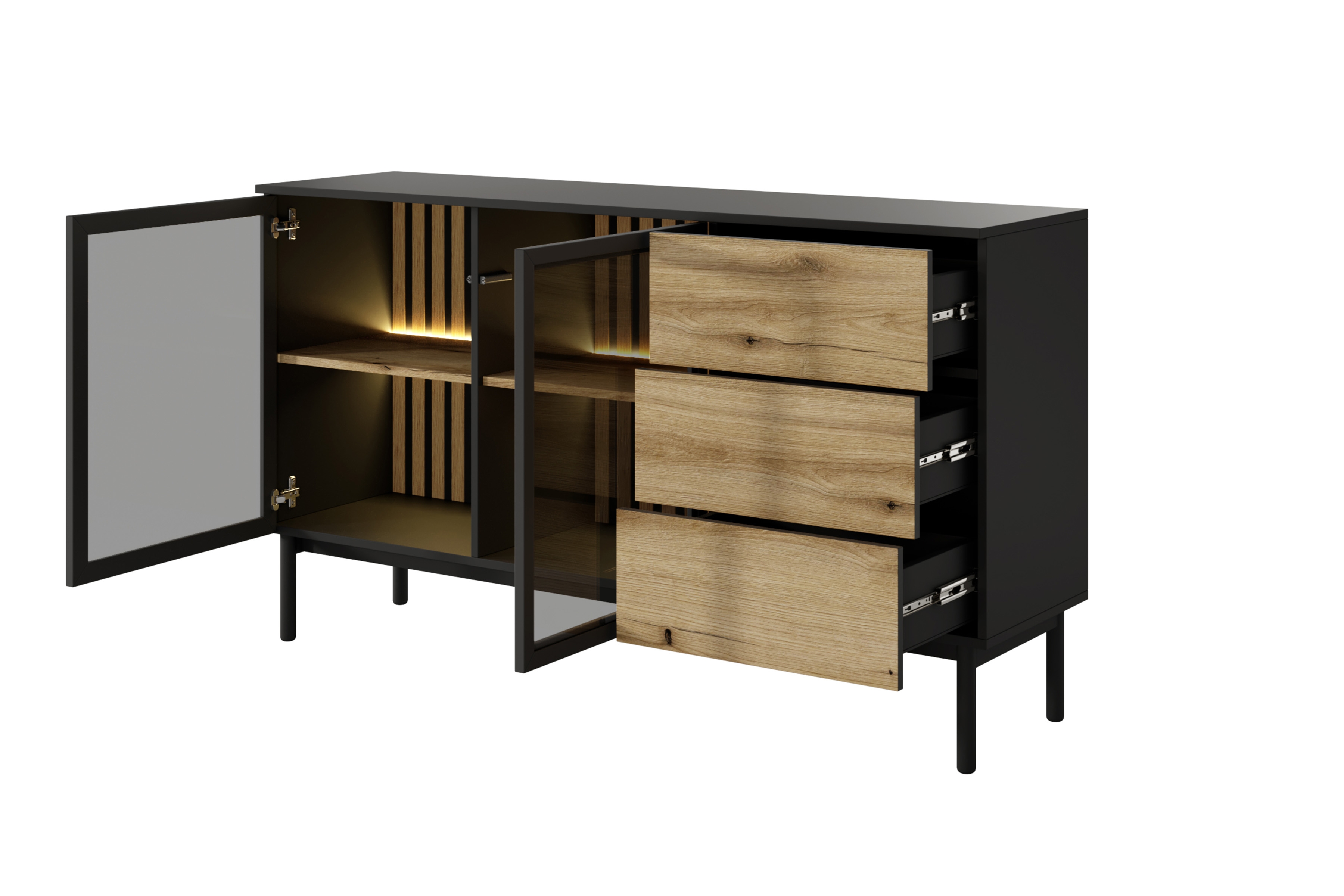 Komoda Noro 150 cm se zásuvkami a LED osvětlením - dub evoke / černá Komoda Noro 150 cm se zásuvkami i oswietleniem LED - dub evoke / černá