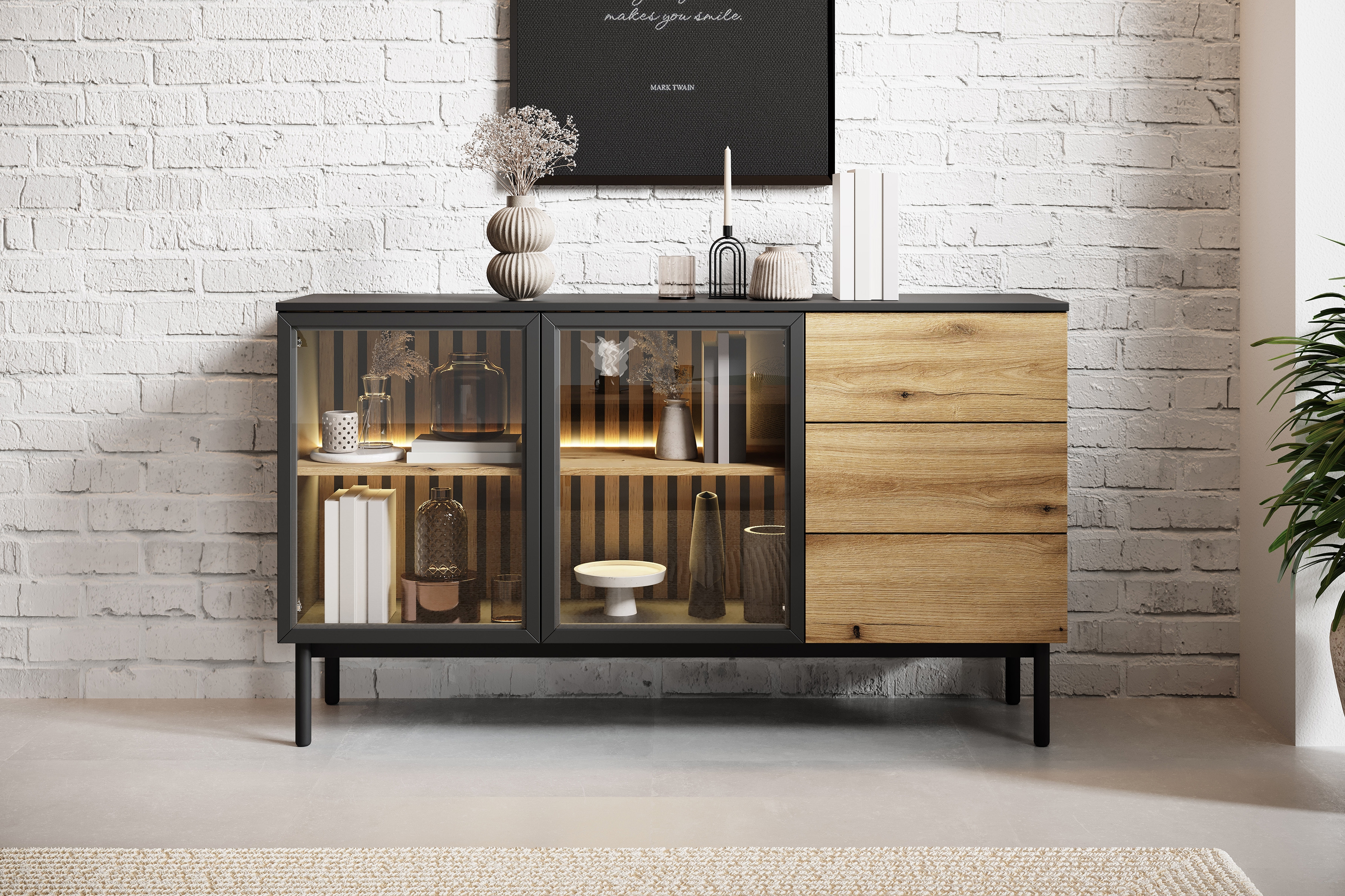 Komoda Noro 150 cm se zásuvkami a LED osvětlením - dub evoke / černá Komoda Noro 150 cm se zásuvkami i oswietleniem LED - dub evoke / černá