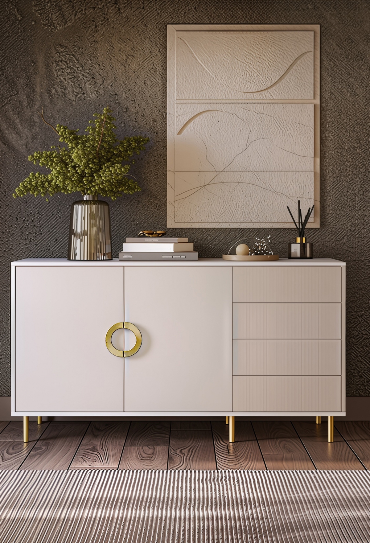 Komoda Nubo 150 cm - kašmírová / zlaté nožky Komoda Nubo 150 cm se zásuvkami - kašmír / zlote Nohy