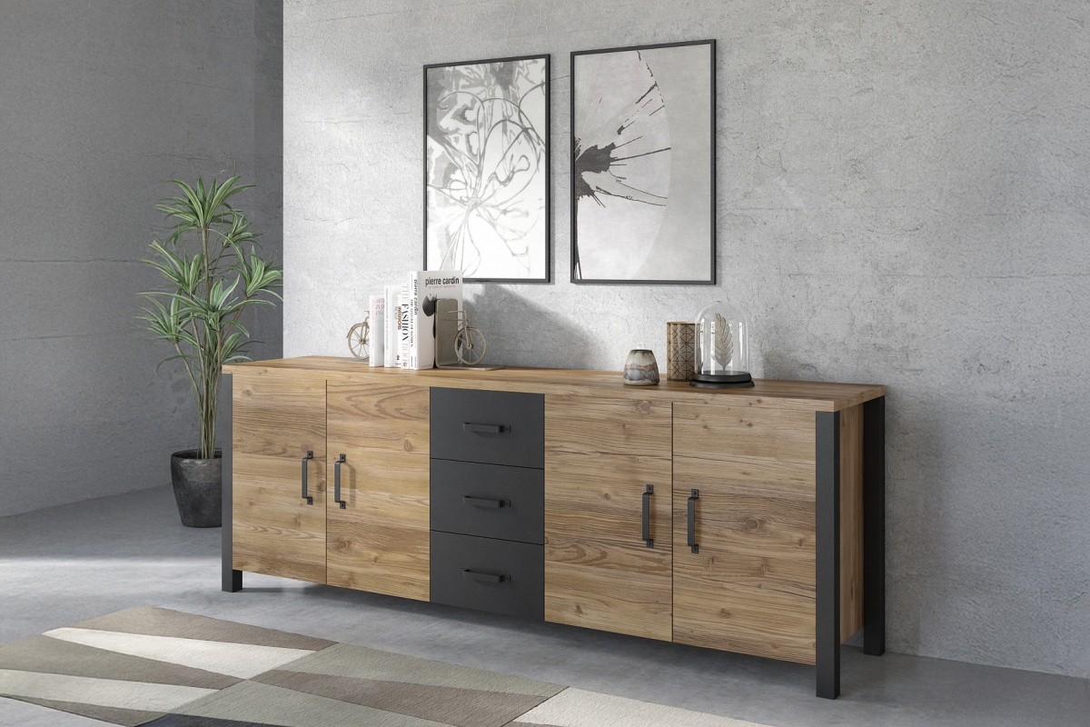 Komoda Olin 25 se zásuvkami 220 cm - appenzeller fichte / černá Komoda Olin 25 220 cm se zásuvkami - appenzeller fichte / černá