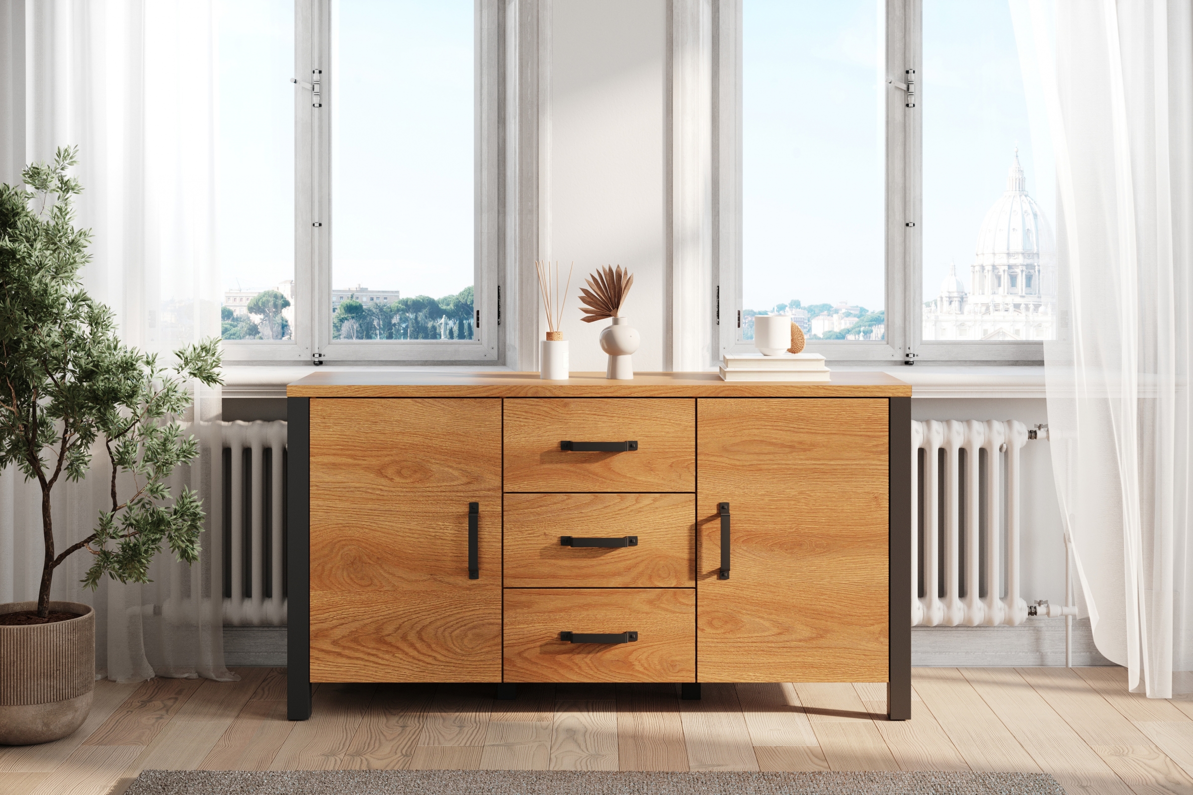 Komoda Olin 26 150 cm so zásuvkami - Dub karmelowy / Čierny supermat - ponuka Limitowana Komoda Olin 26 150 cm so zásuvkami - Dub karmelowy / Čierny supermat