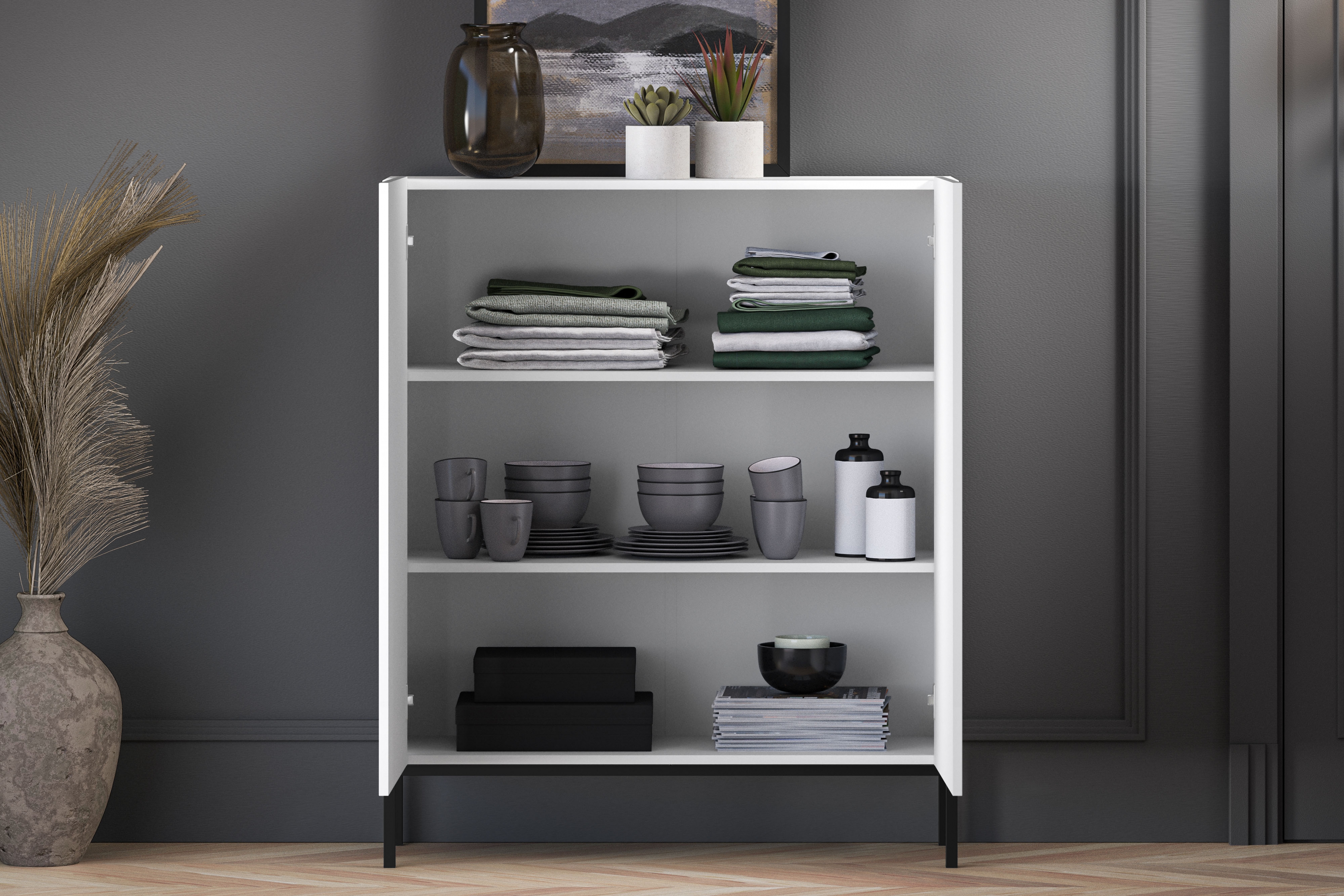 Komoda Pingli 100 cm - bílý mat / černý rošt Komoda Pingli 01 - 100 cm - Bílý mat / Černý Rošt