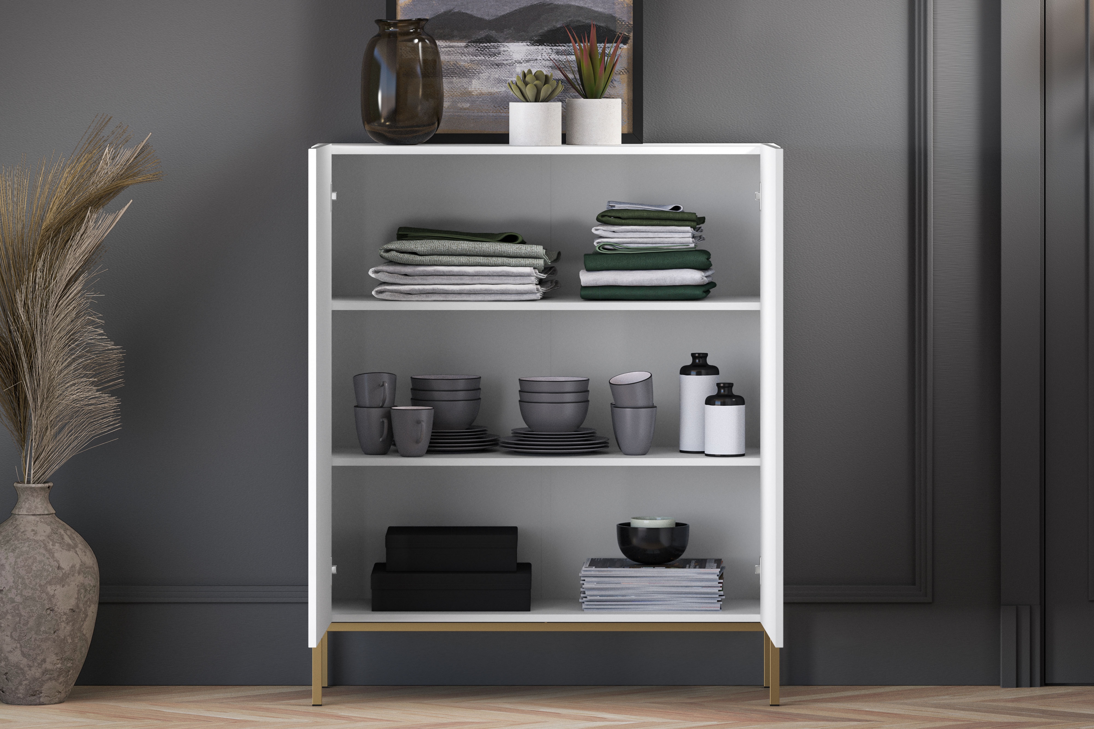 Komoda Pingli 100 cm - bílý mat / zlatý rošt Komoda Pingli 01 - 100 cm - Bílý mat / zlatý Rošt