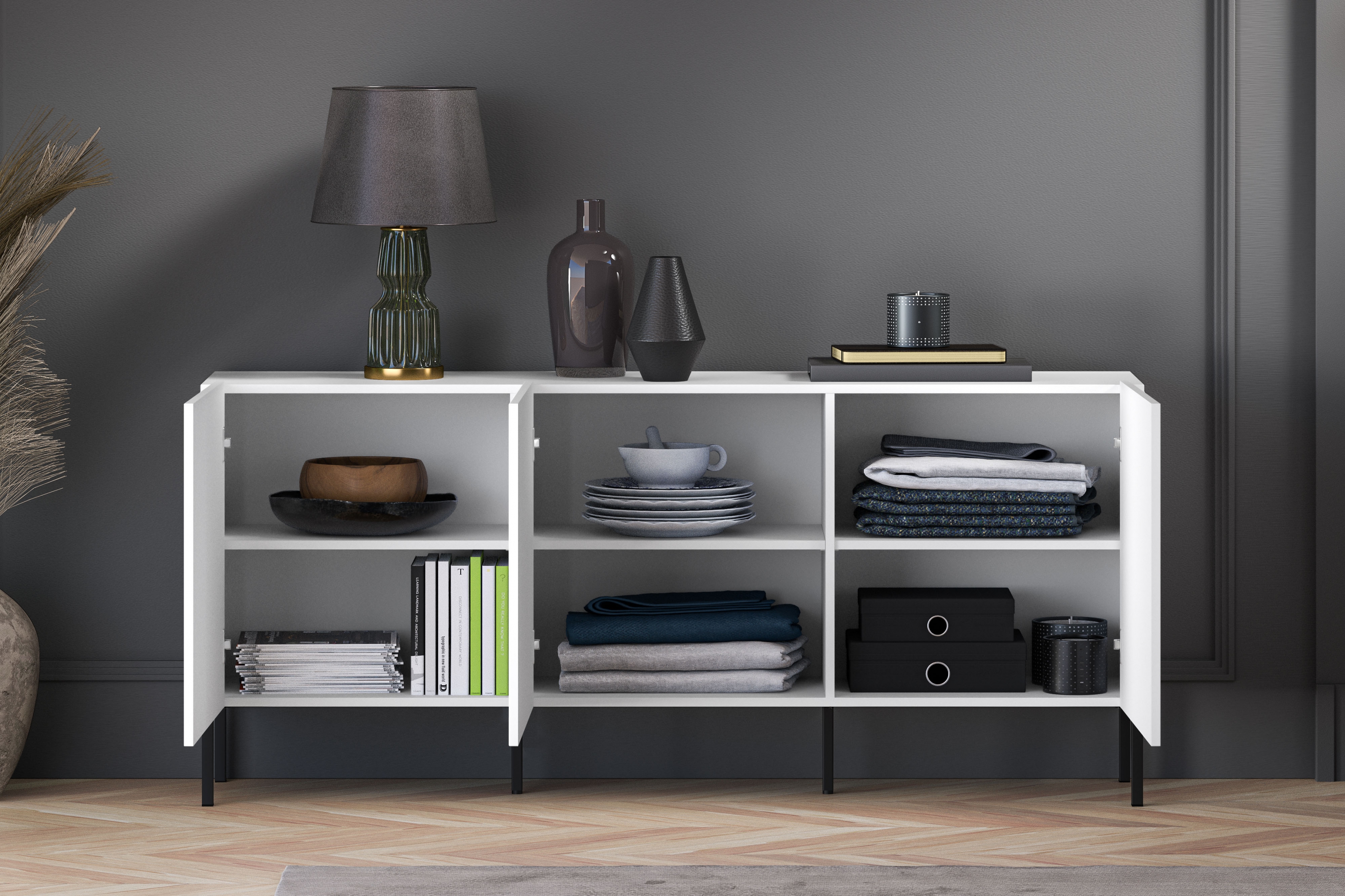 Komoda Pingli 170 cm - bílý mat / černé nohy Komoda Pingli 02 - 170 cm - Bílý mat / černé Nohy