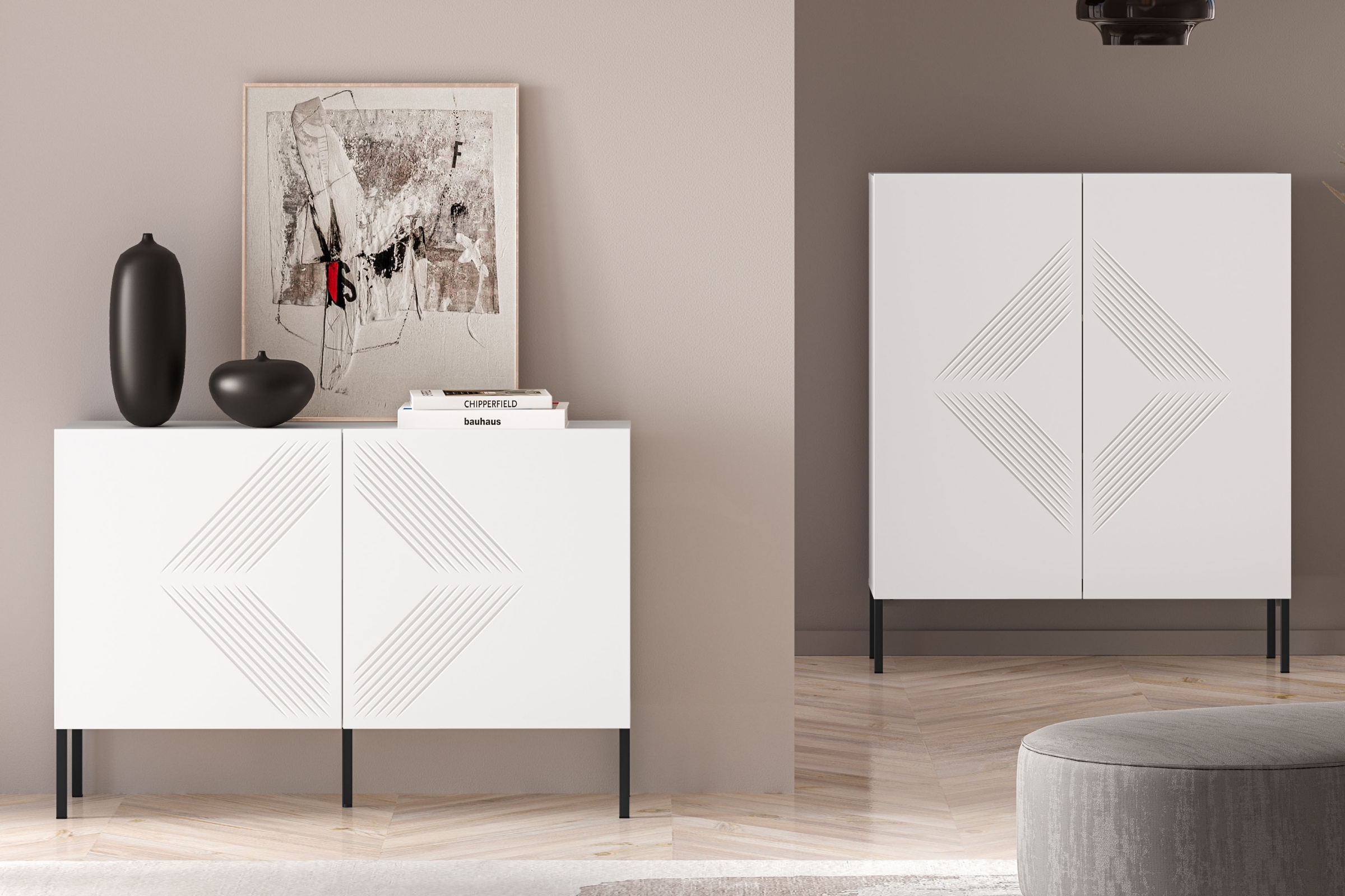 Komoda Pingli 114 cm - bílý mat / černé nohy Komoda Pingli 03 - 114 cm - Bílý mat / černé Nohy