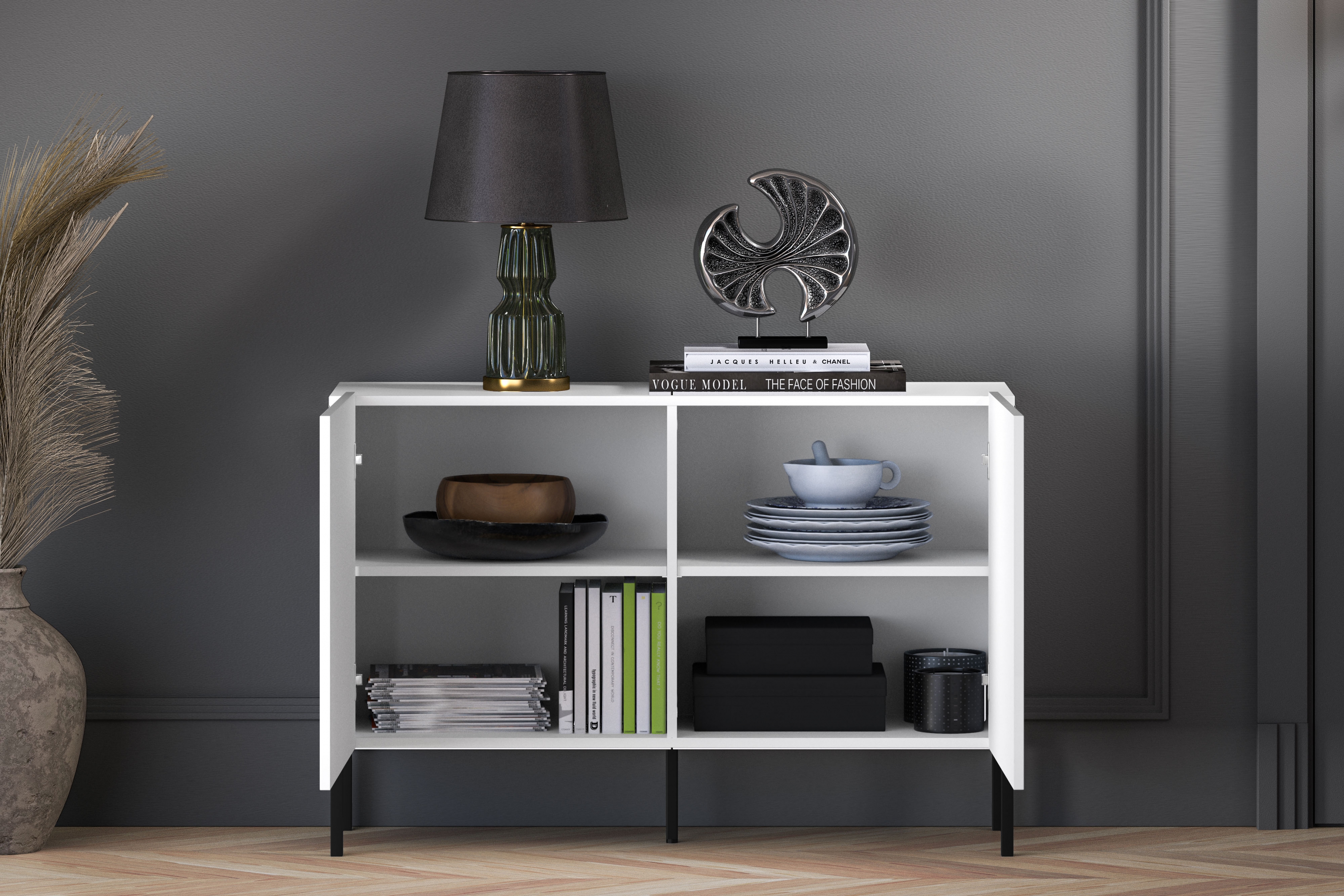 Komoda Pingli 114 cm - bílý mat / černé nohy Komoda Pingli 03 - 114 cm - Bílý mat / černé Nohy