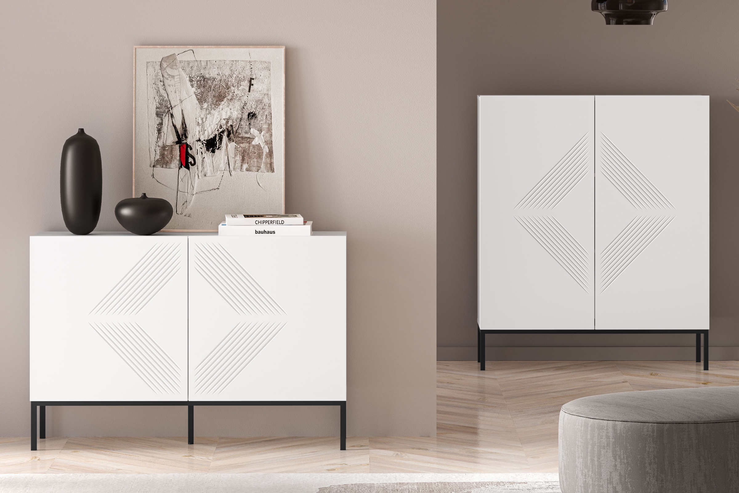 Komoda Pingli 114 cm - bílý mat / černý rošt Komoda Pingli 03 - 114 cm - Bílý mat / Černý Rošt