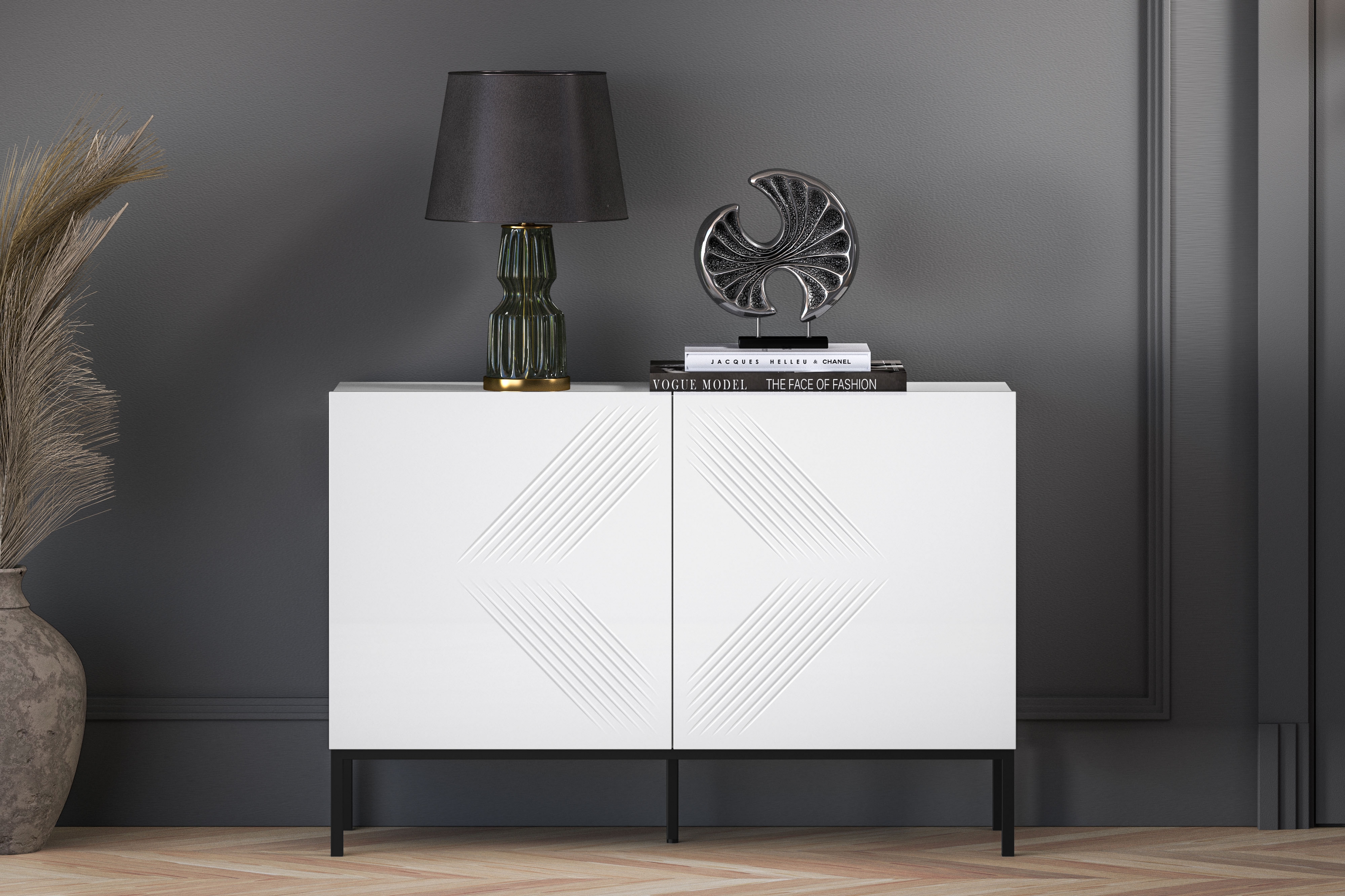 Komoda Pingli 114 cm - bílý mat / černý rošt Komoda Pingli 03 - 114 cm - Bílý mat / Černý Rošt