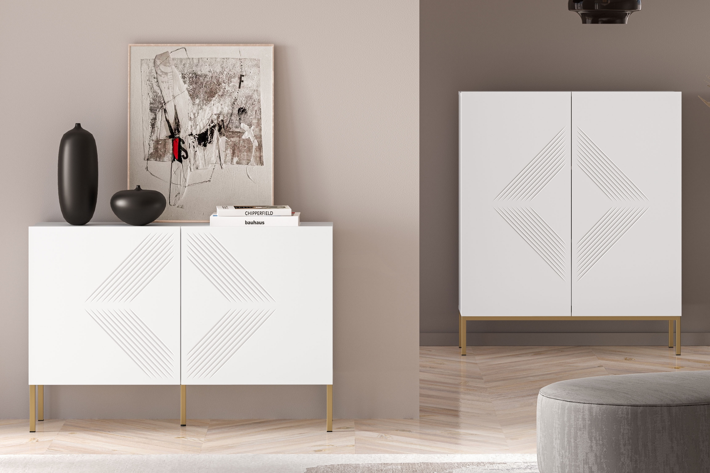 Komoda Pingli 114 cm - bílý mat / zlaté nohy Komoda Pingli 03 - 114 cm - Bílý mat / zlaté Nohy