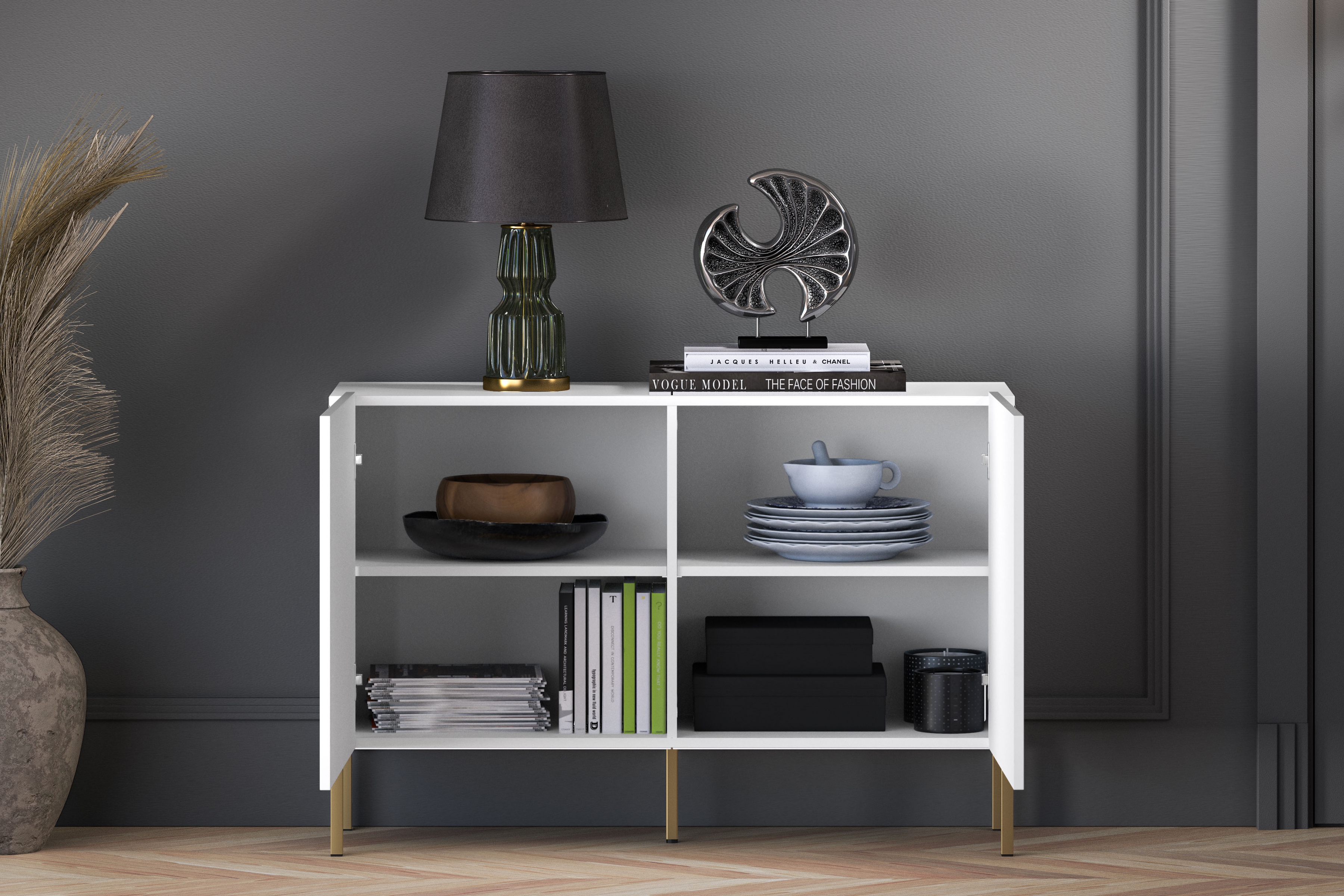 Komoda Pingli 114 cm - bílý mat / zlaté nohy Komoda Pingli 03 - 114 cm - Bílý mat / zlaté Nohy