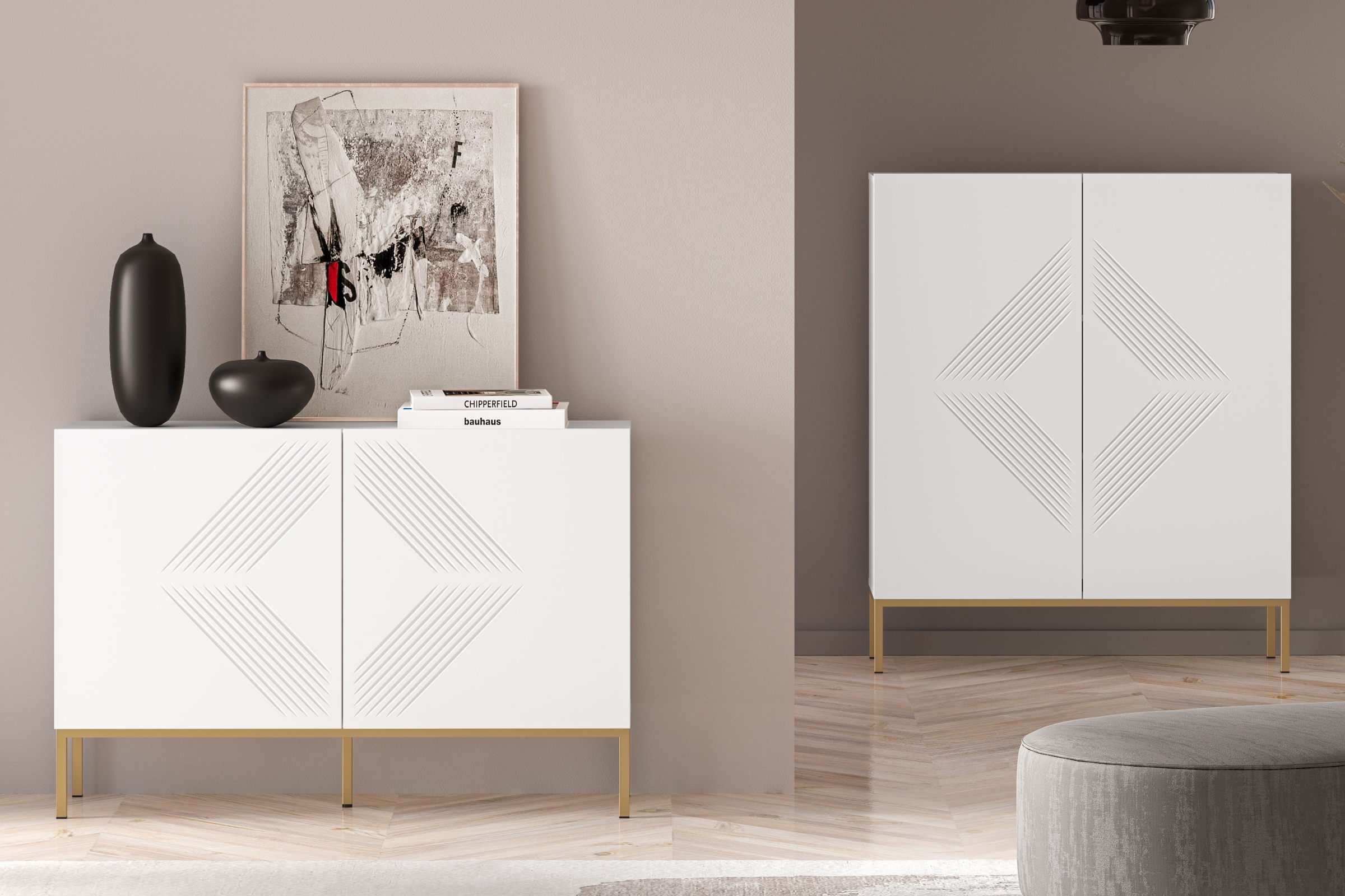 Komoda Pingli 114 cm - bílý mat / zlatý rošt Komoda Pingli 03 - 114 cm - Bílý mat / zlatý Rošt