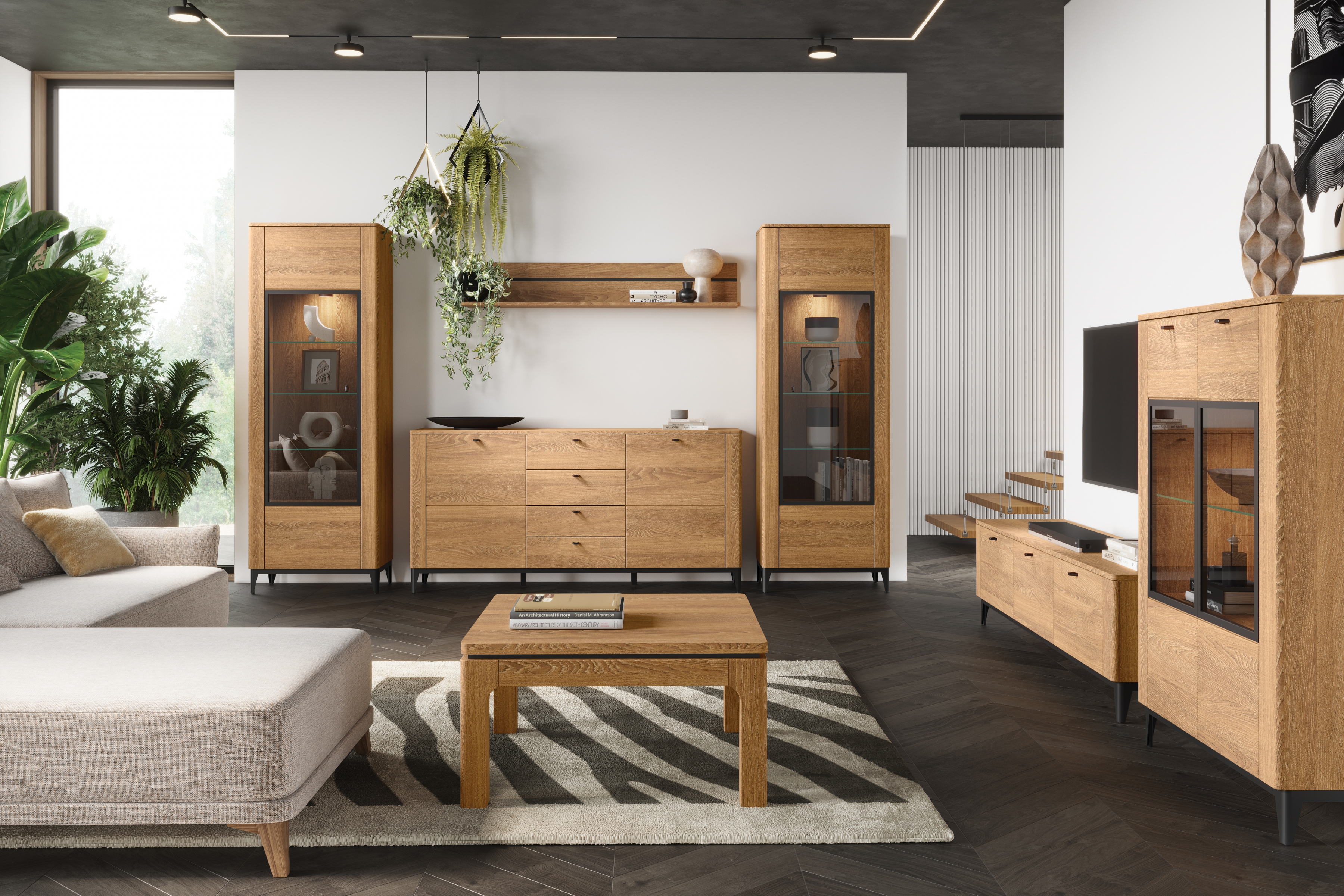 Komoda Porto 45 se zásuvkami 180 cm - dub zlatý / černý mat Komoda Porto 45 s zásuvkami 180 cm - Dub zlatý/Černý mat