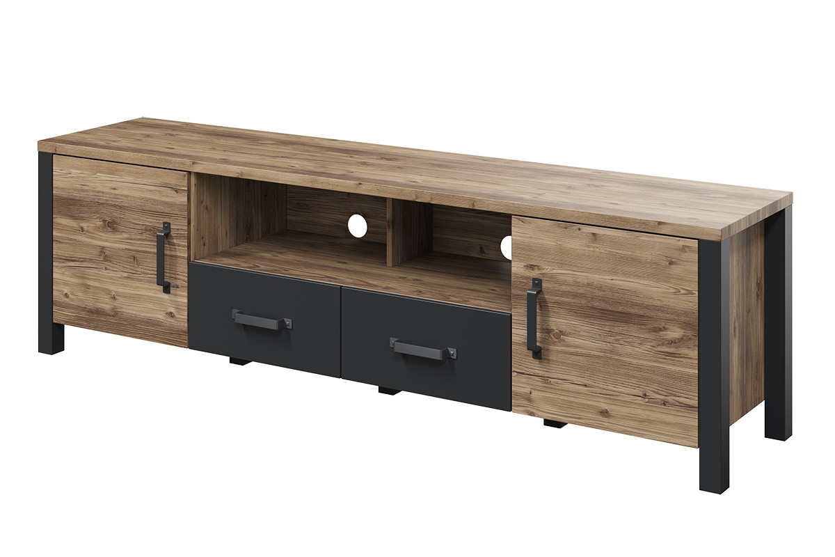 TV stolek Olin 40 192 cm se zásuvkami a výklenkem - appenzeller fichte / černý mat široká Komoda tv