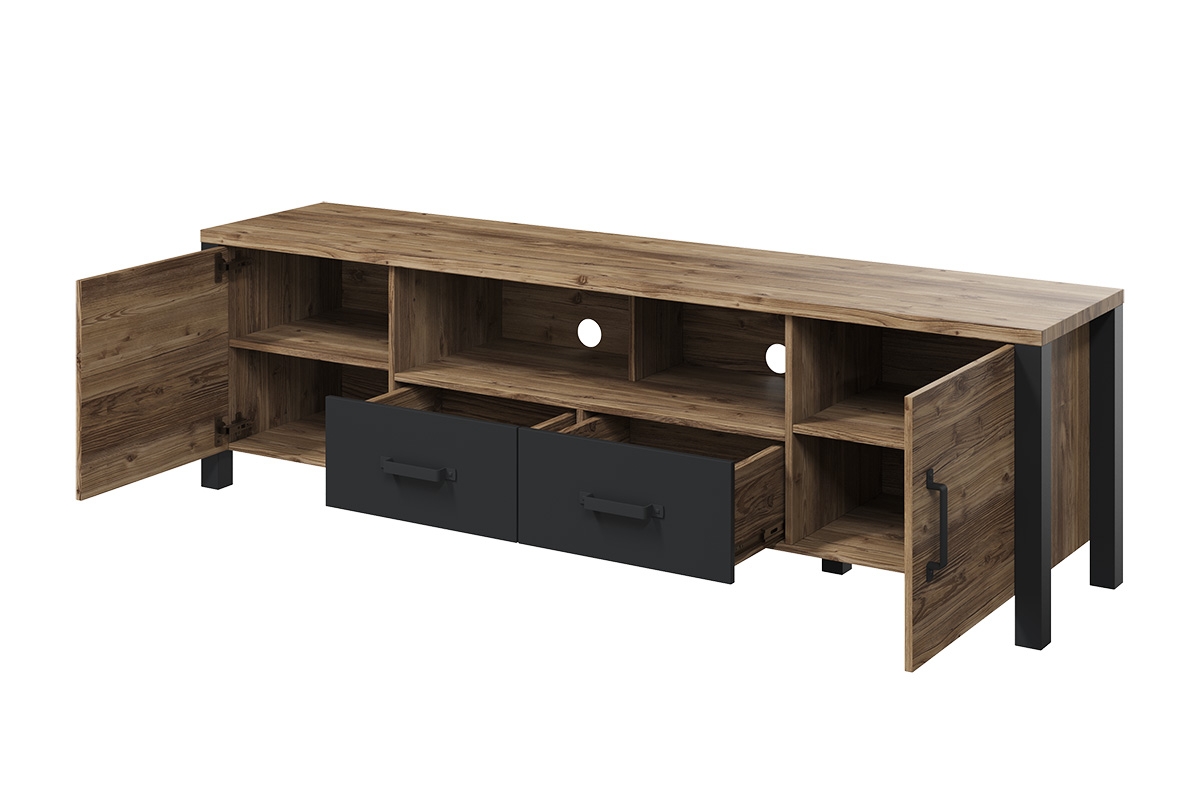 TV stolek Olin 40 192 cm se zásuvkami a výklenkem - appenzeller fichte / černý mat Komoda tv 200 cm