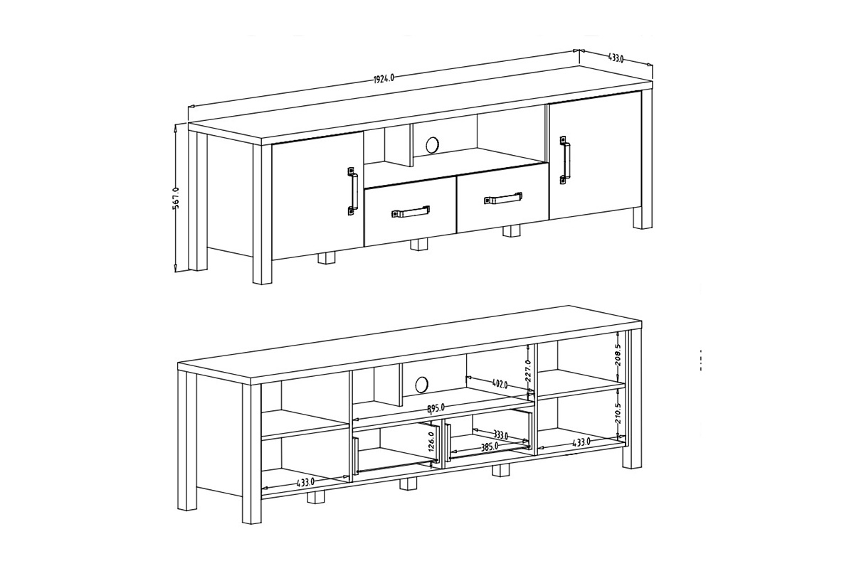 TV stolek Olin 40 192 cm se zásuvkami a výklenkem - appenzeller fichte / černý mat Komoda tv velká Olin 192 - appenzeller fichte / Černý mat - Rozměry