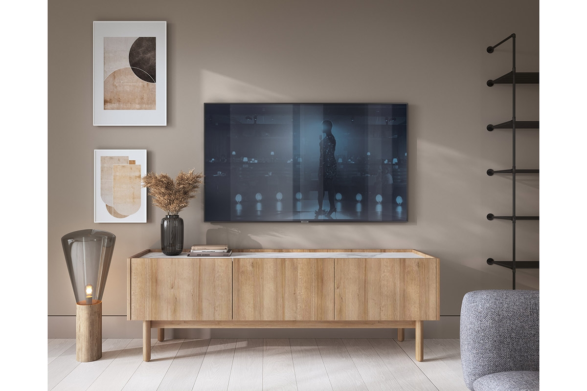 TV stolík Landia - dub riviera / biely mramor Trojdverová TV skrinka Landia - dub riviera / biely mramor - vizualizácia