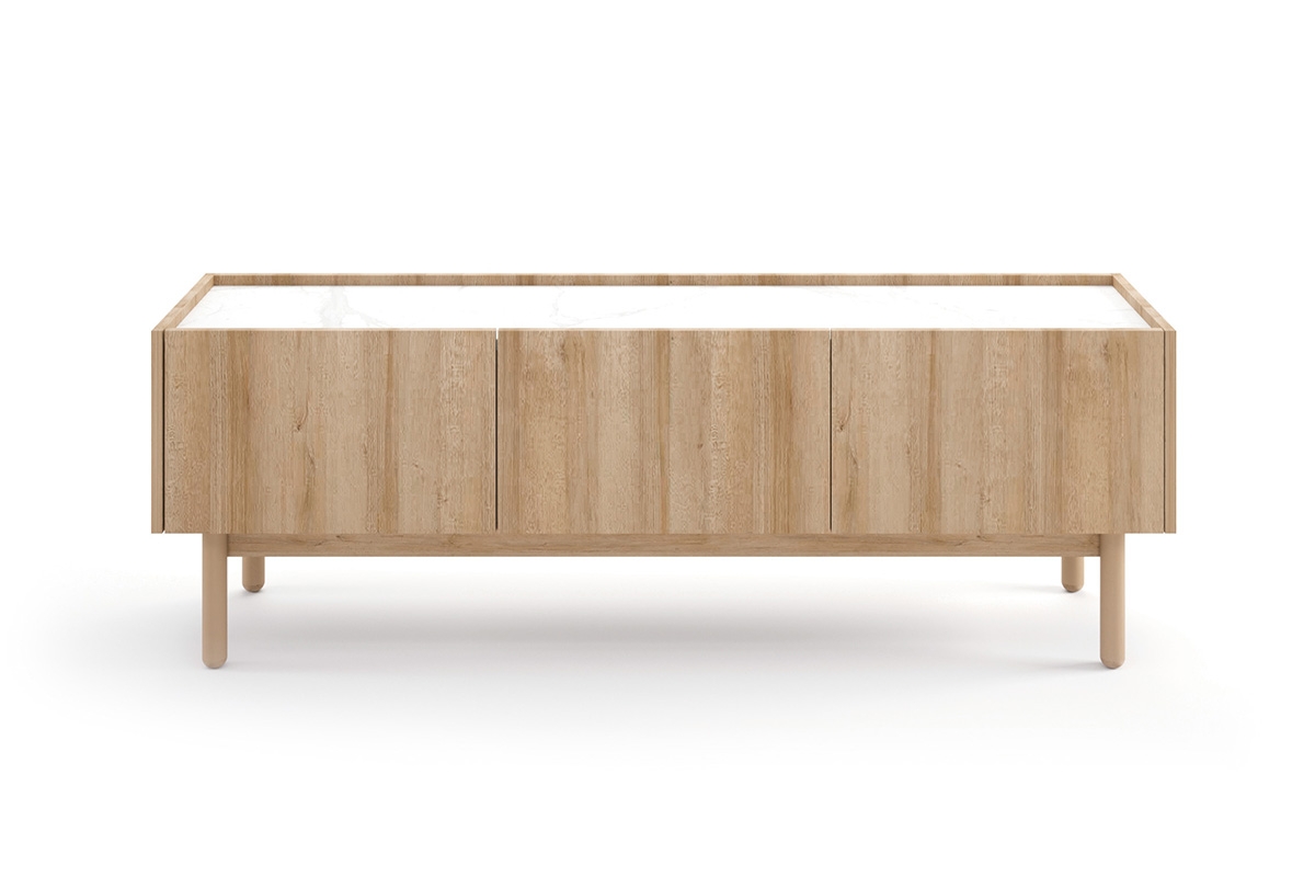 TV stolík Landia - dub riviera / biely mramor Trojdverová TV skrinka Landia - dub riviera / biely mramor - predná časť