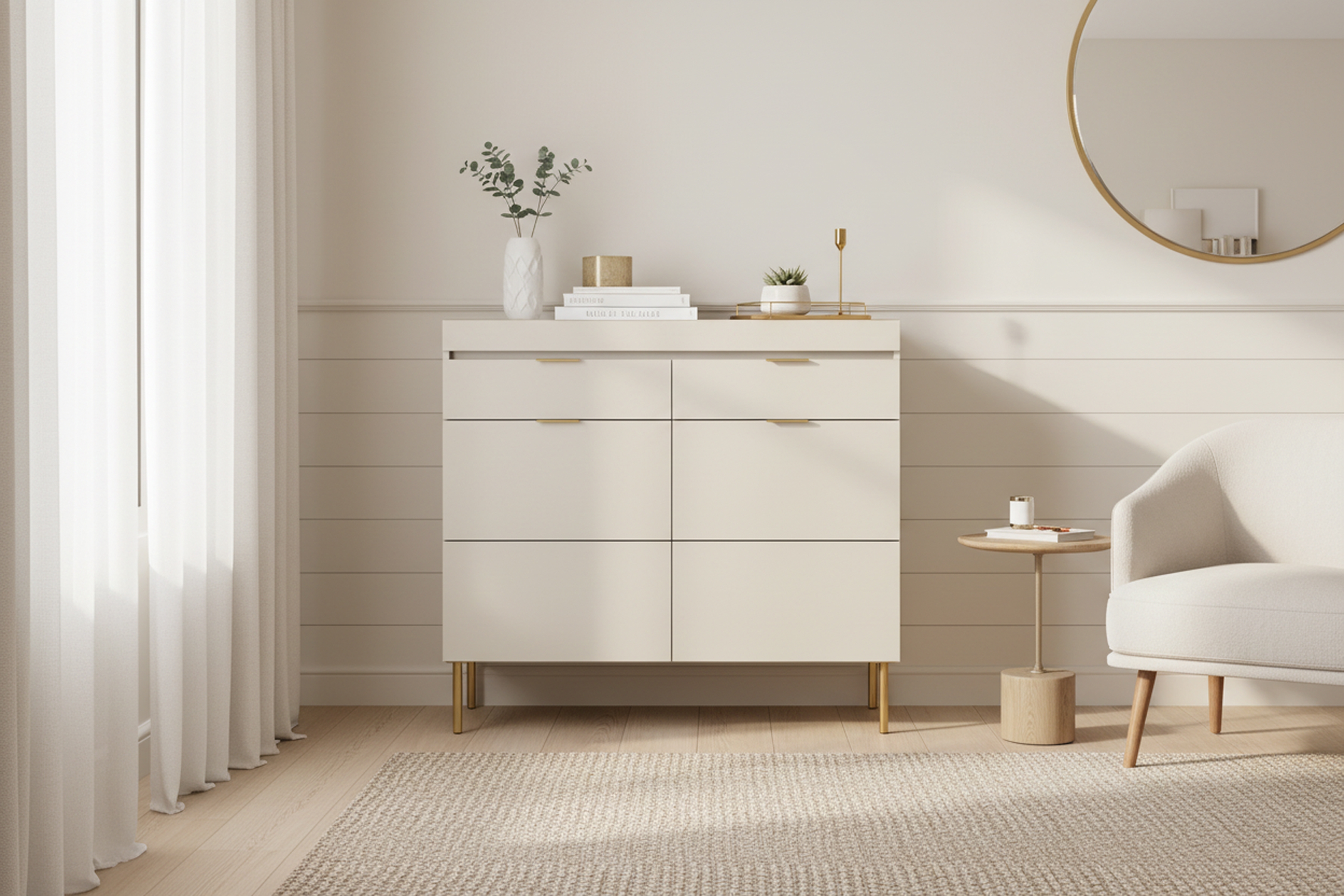 Komoda Sentia 105 cm se zásuvkami - kašmírová / zlatá Komoda Sentia 105 dvoudveřová z dwoma zásuvkami - kašmír / zlatá 