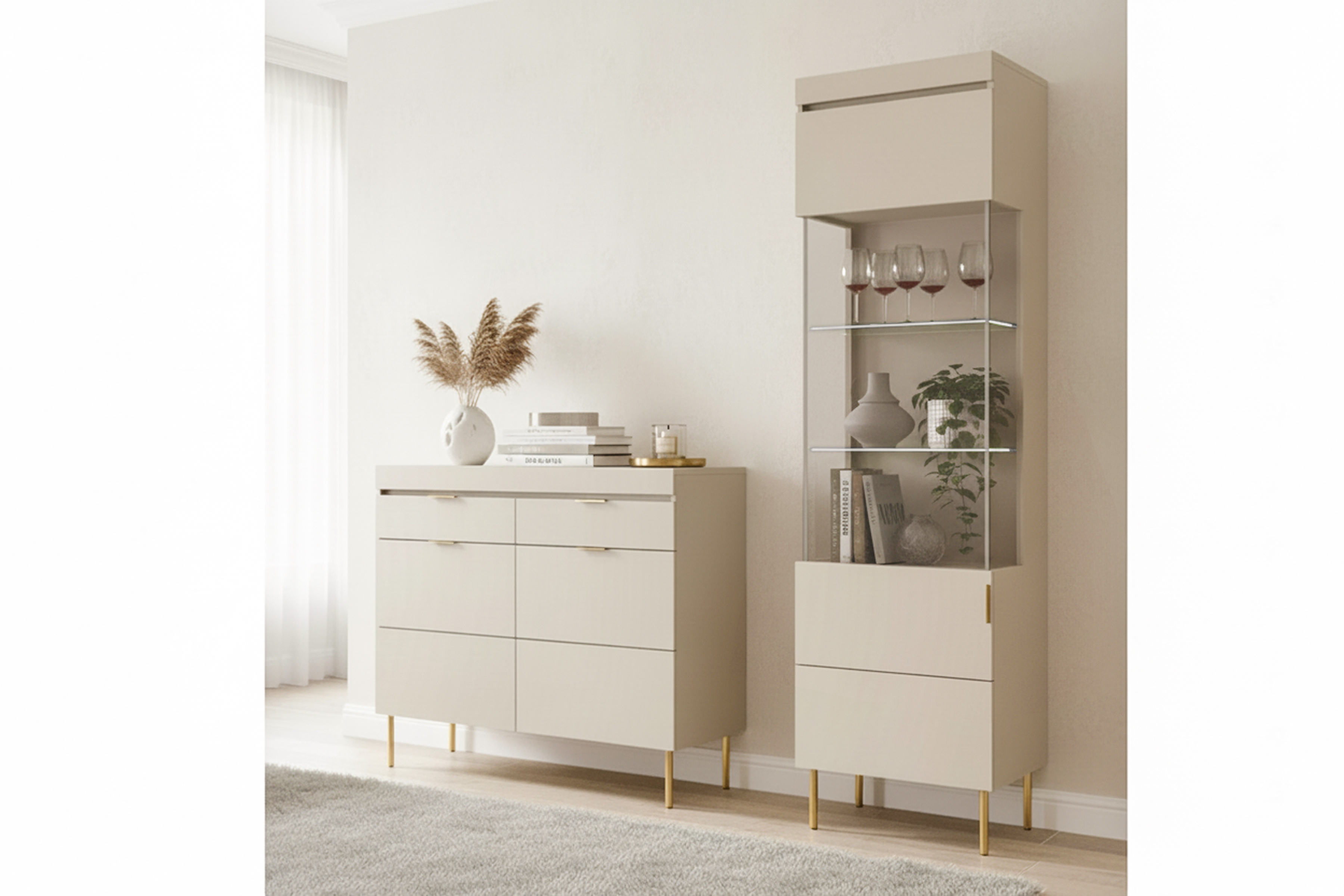 Komoda Sentia 105 cm se zásuvkami - kašmírová / zlatá Komoda Sentia 105 dvoudveřová z dwoma zásuvkami - kašmír / zlatá 