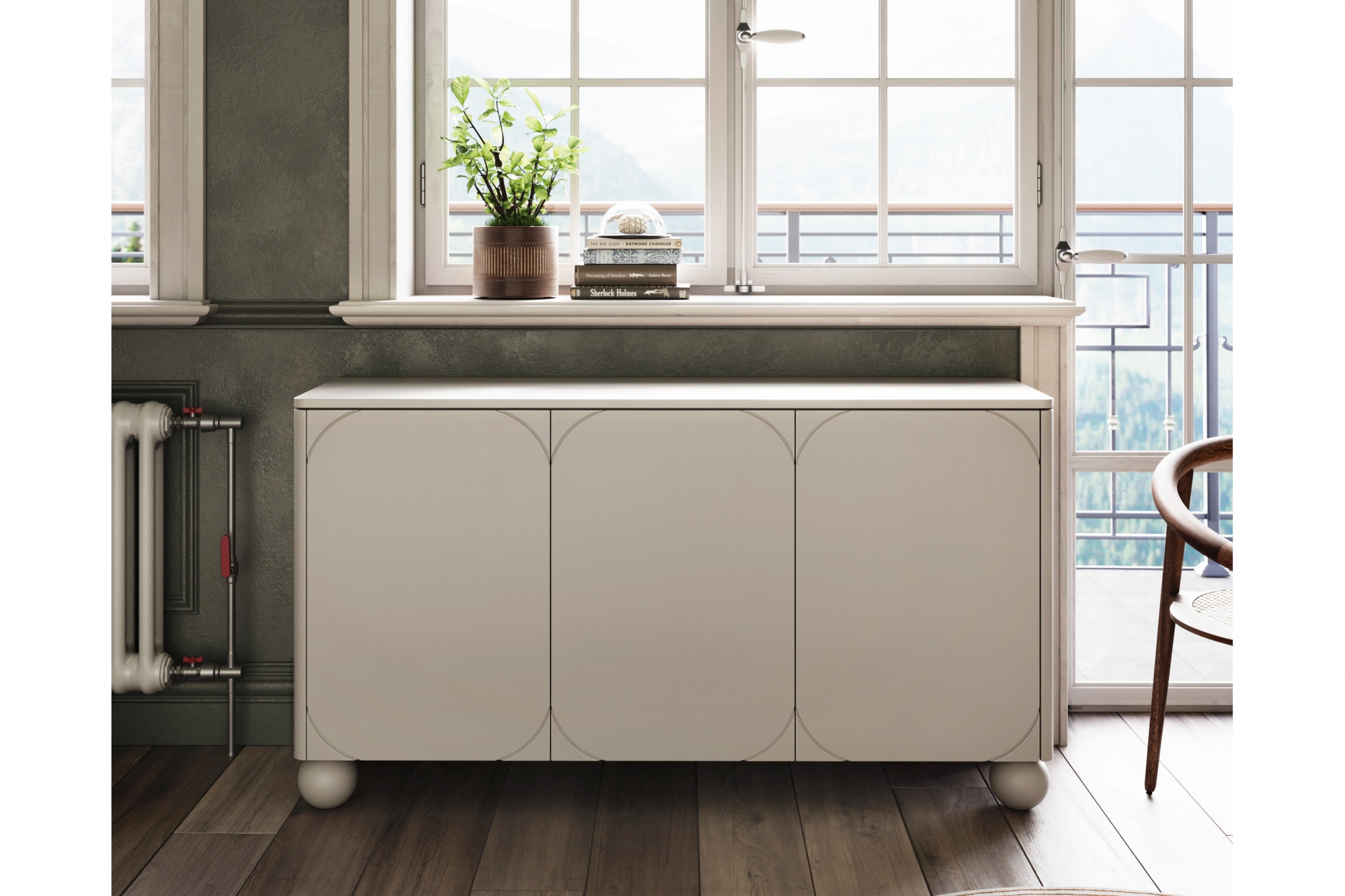 Komoda Sonatia II 150 cm trojdverová na guľatých nohách - kašmírová Komoda Sonatia II 150 cm  trojdverová na nogach kulach - kašmír