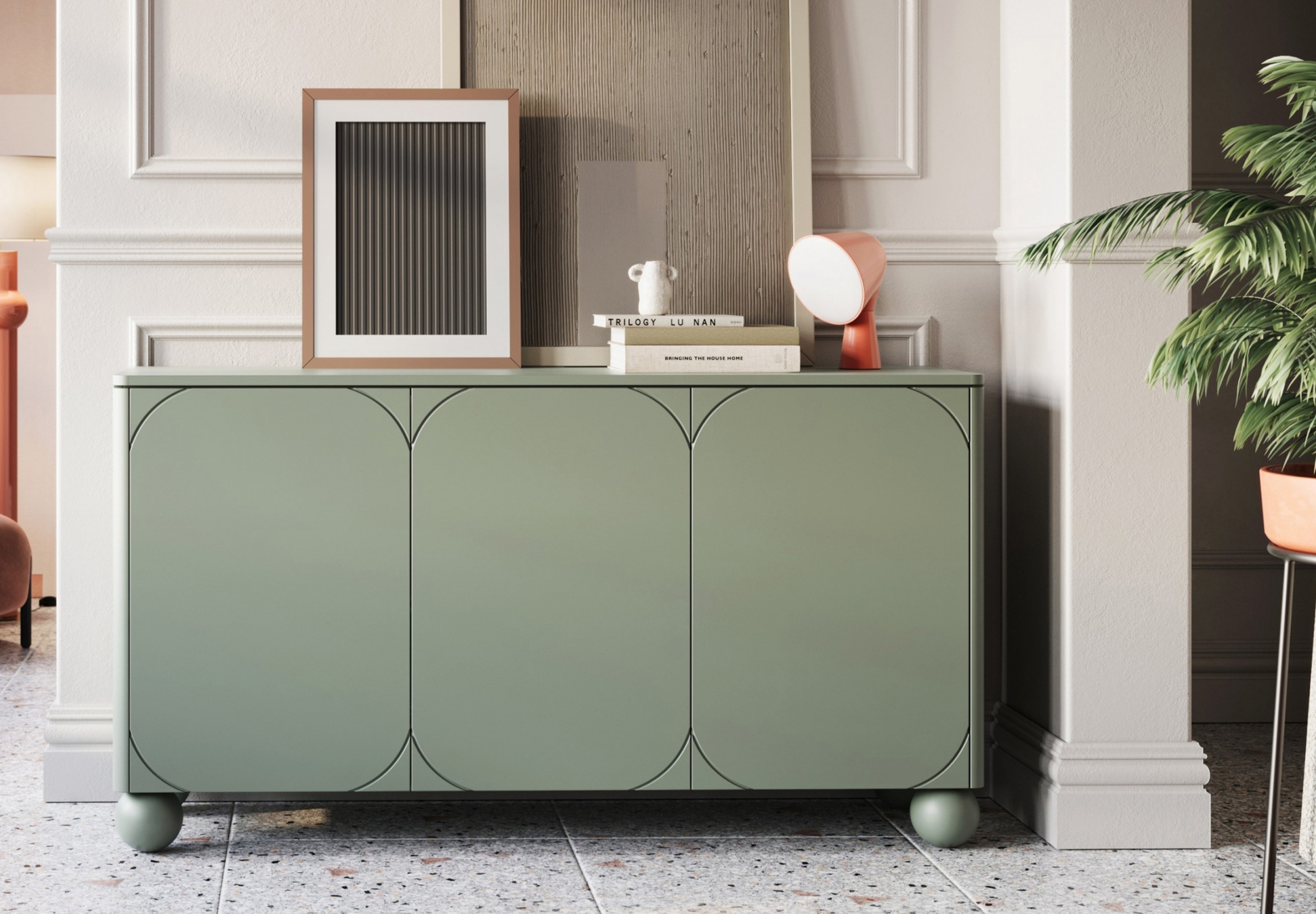 Komoda Sonatia II 150 cm na kulovitých nožkách - olivová Komoda Sonatia II 150 cm  třídveřová na nogach kulach - olivová