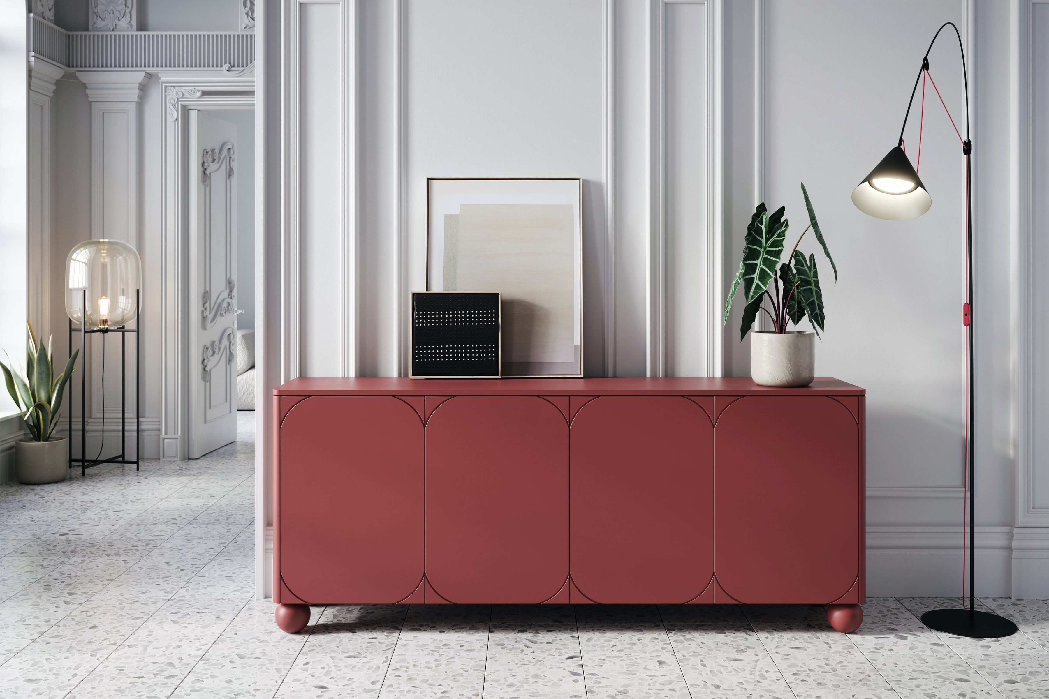 Komoda Sonatia II 200 cm - burgundová Komoda Sonatia II 200 cm štvordverová na nogach kulach - burgund